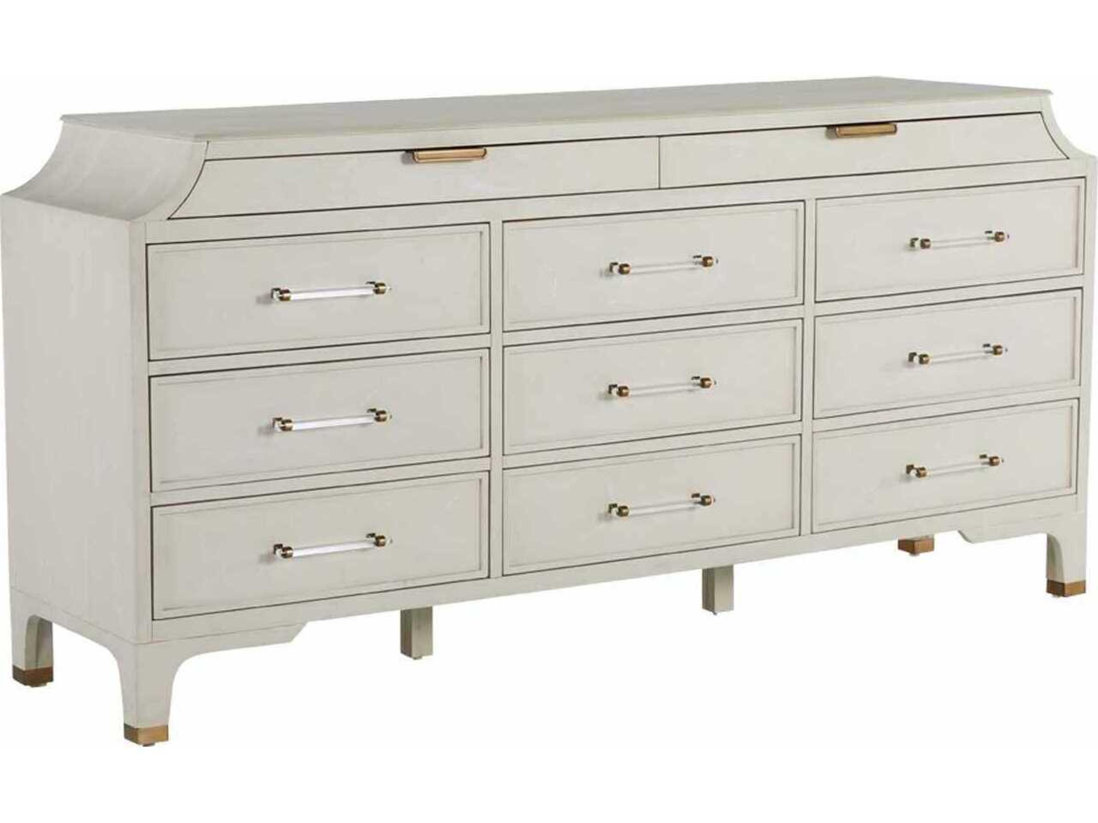 Alexandra 11-Drawer Dresser in Cerused White Mahogany with Brass Accents