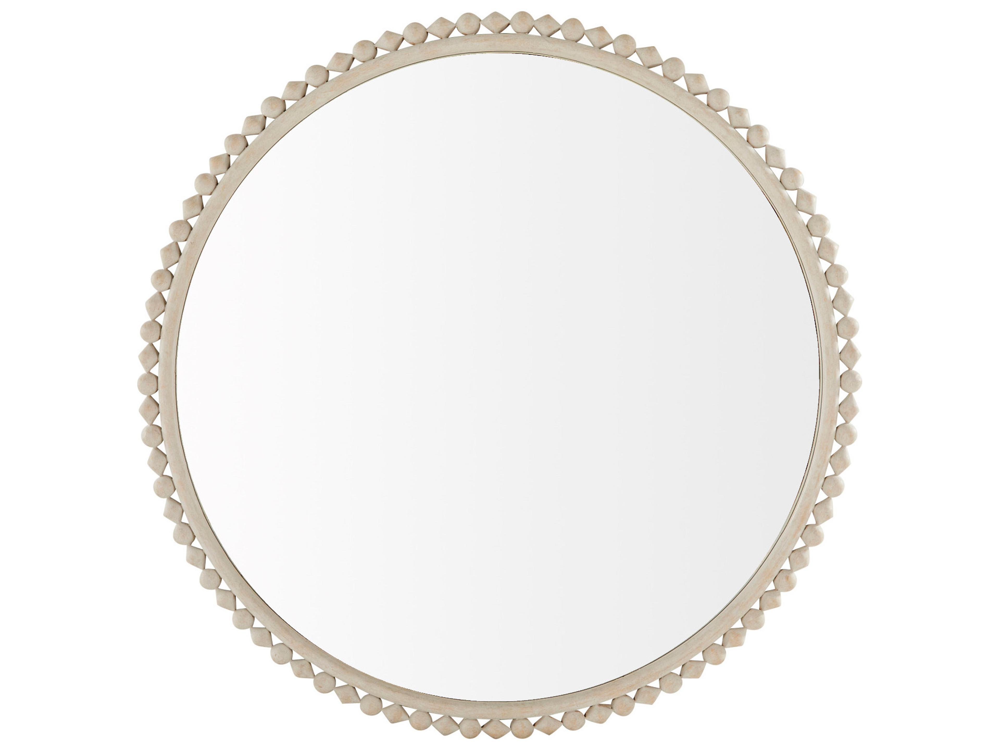 Belle Distressed White Round Wall Mirror with Orb and Diamond Frame