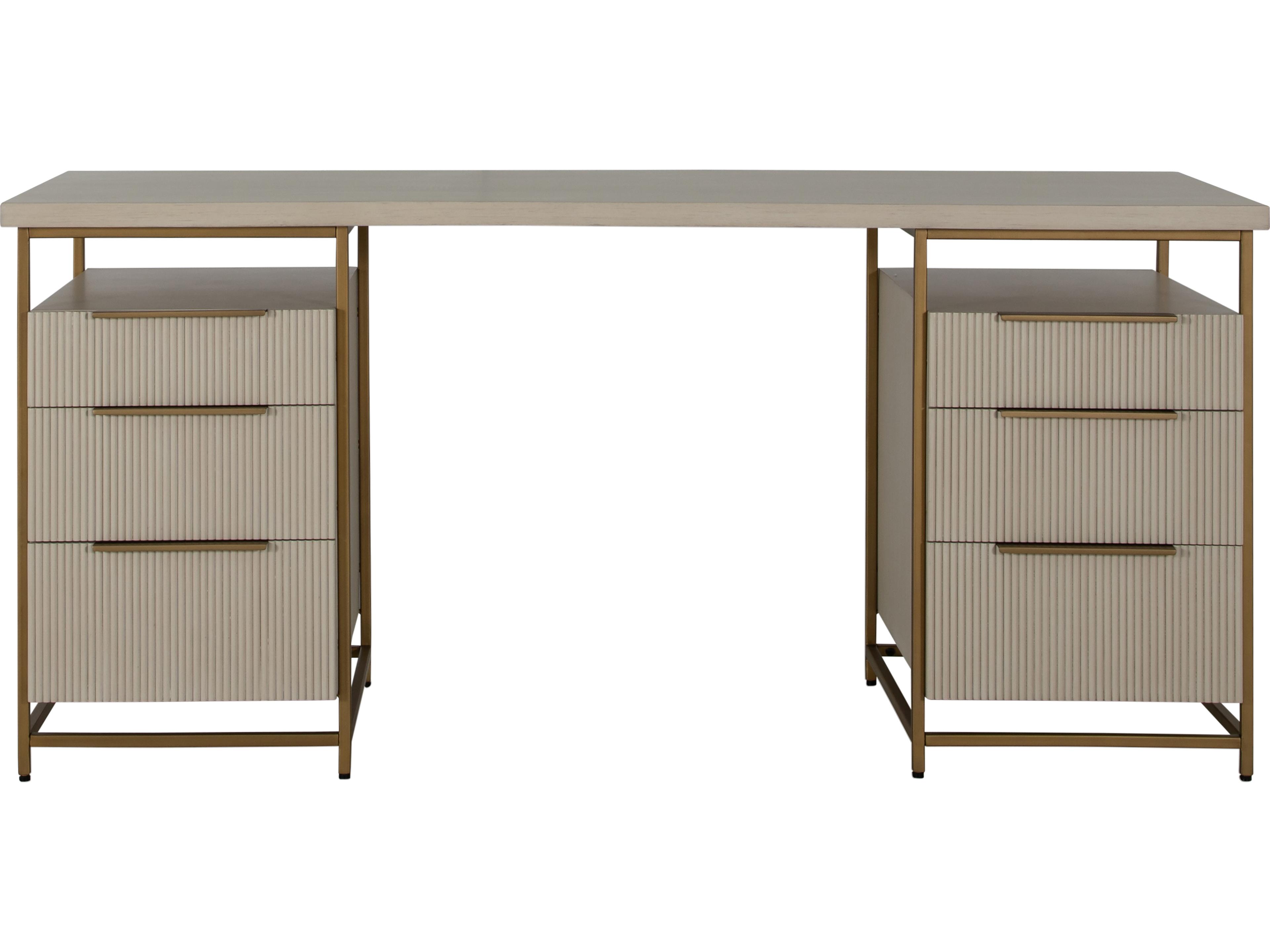 Rowen Sesame White Brushed Brass Mahogany Wood Writing Desk