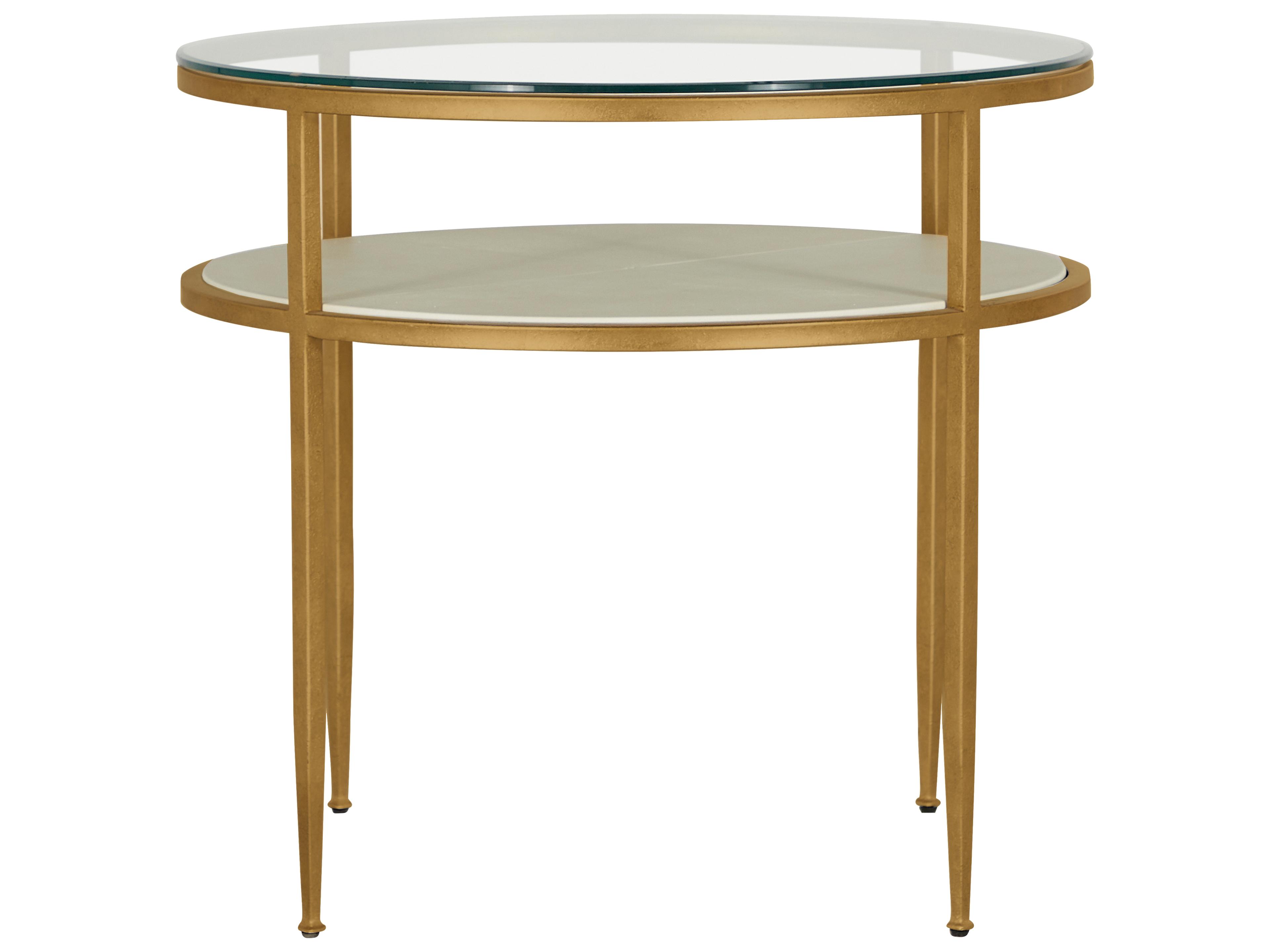 Constance Round Glass White Leather Antique Brass Leaf End Table