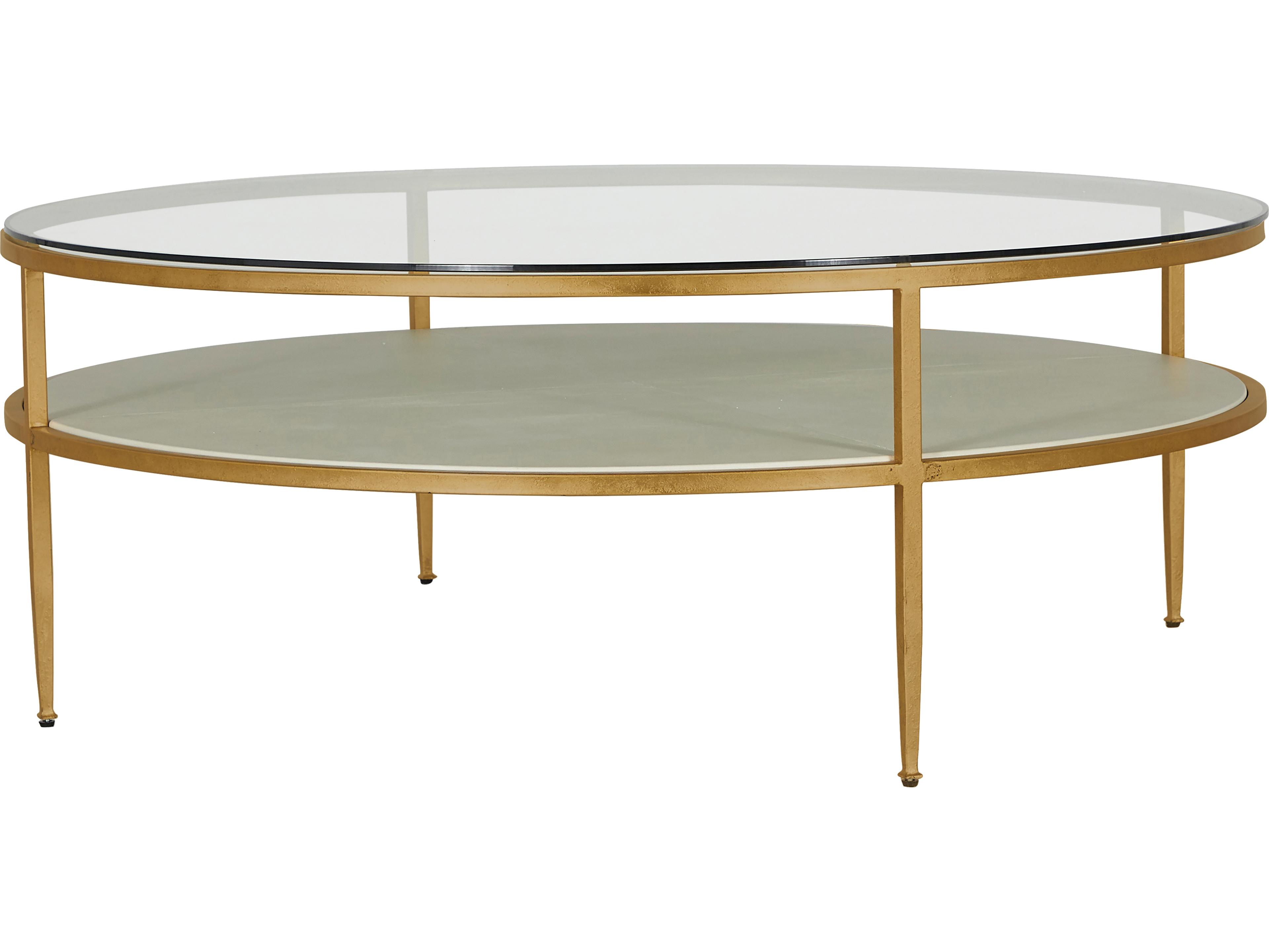 Constance Round Glass White Leather Antique Brass Leaf Coffee Table