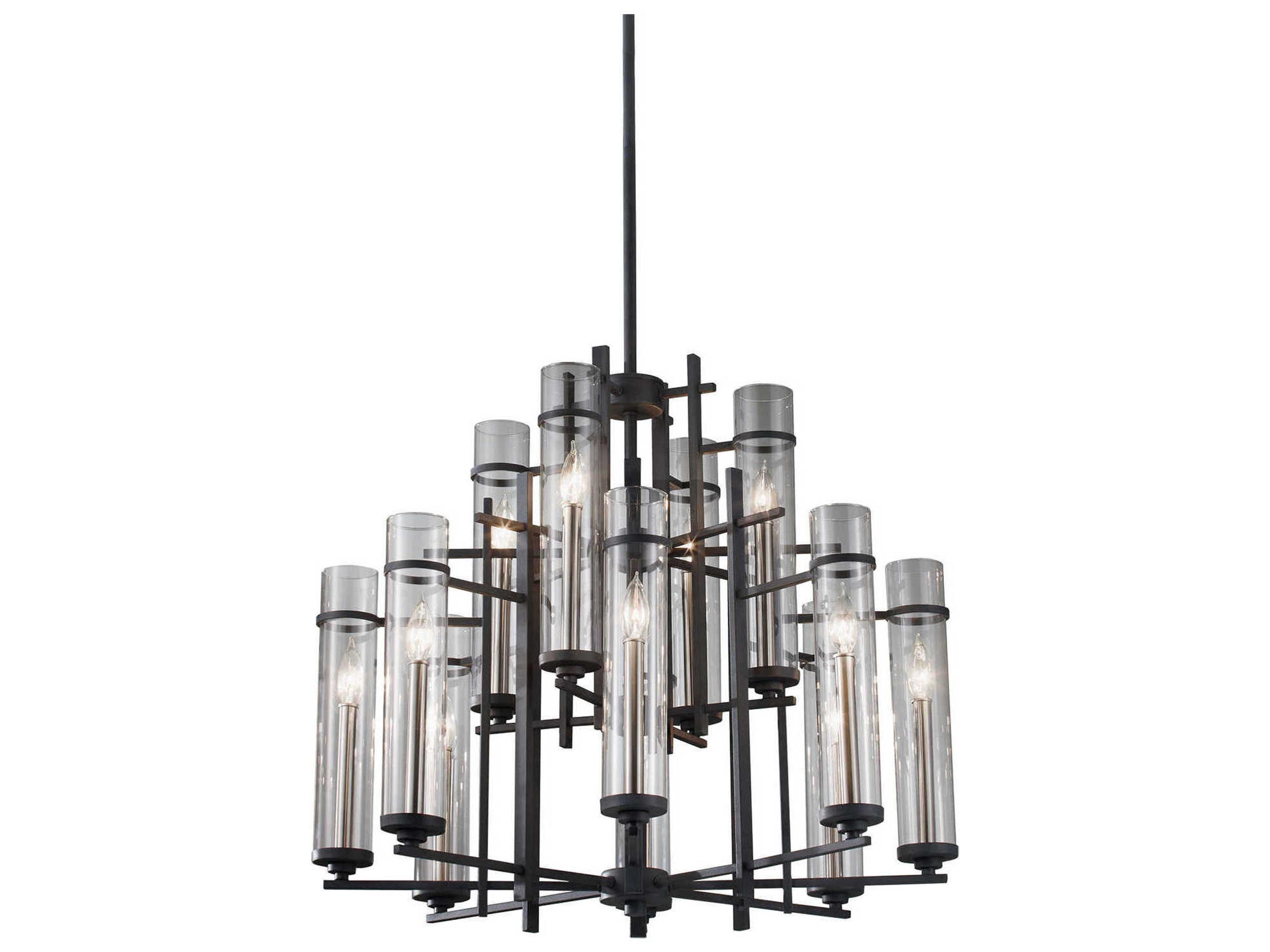 Ethan 12-Light Antique Forged Iron Brushed Steel Black Glass Candelabra Cylinder Tiered Chandelier
