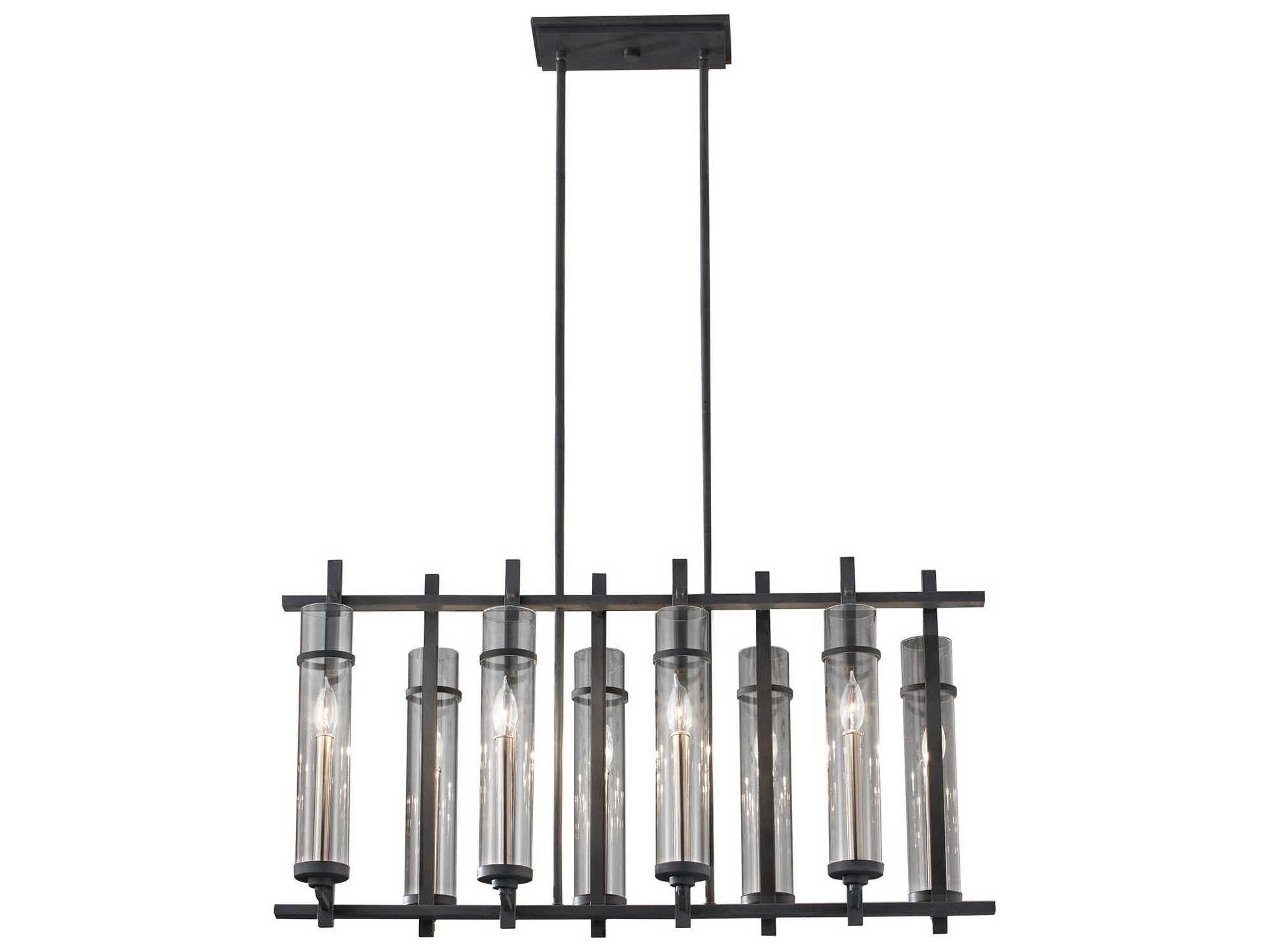 Ethan 8-Light Antique Forged Iron Brushed Steel Black Glass Cylinder Island Pendant