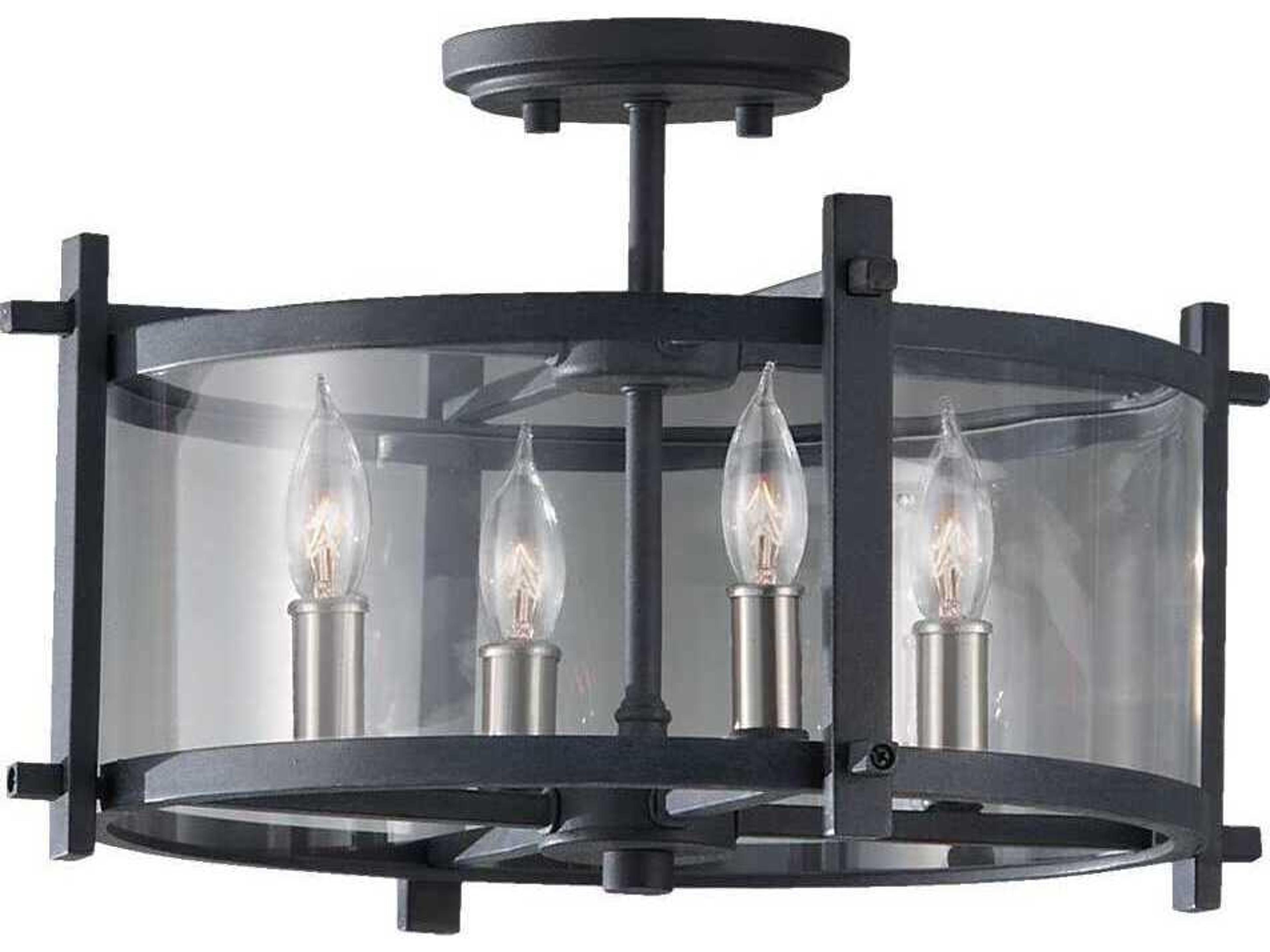 Ethan 4-Light Antique Forged Iron Brushed Steel Black Glass Semi Flush Mount