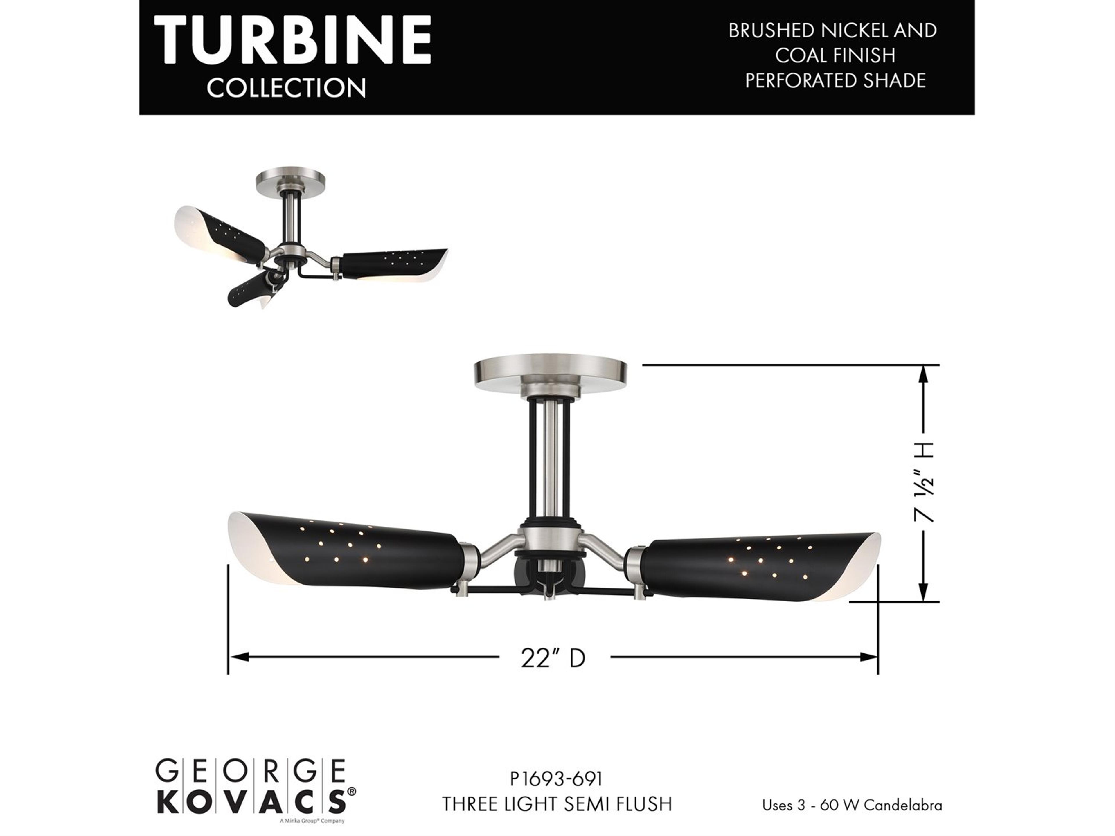 George Kovacs Turbine 3-Light Coal Brushed Nickel Semi Flush Mount