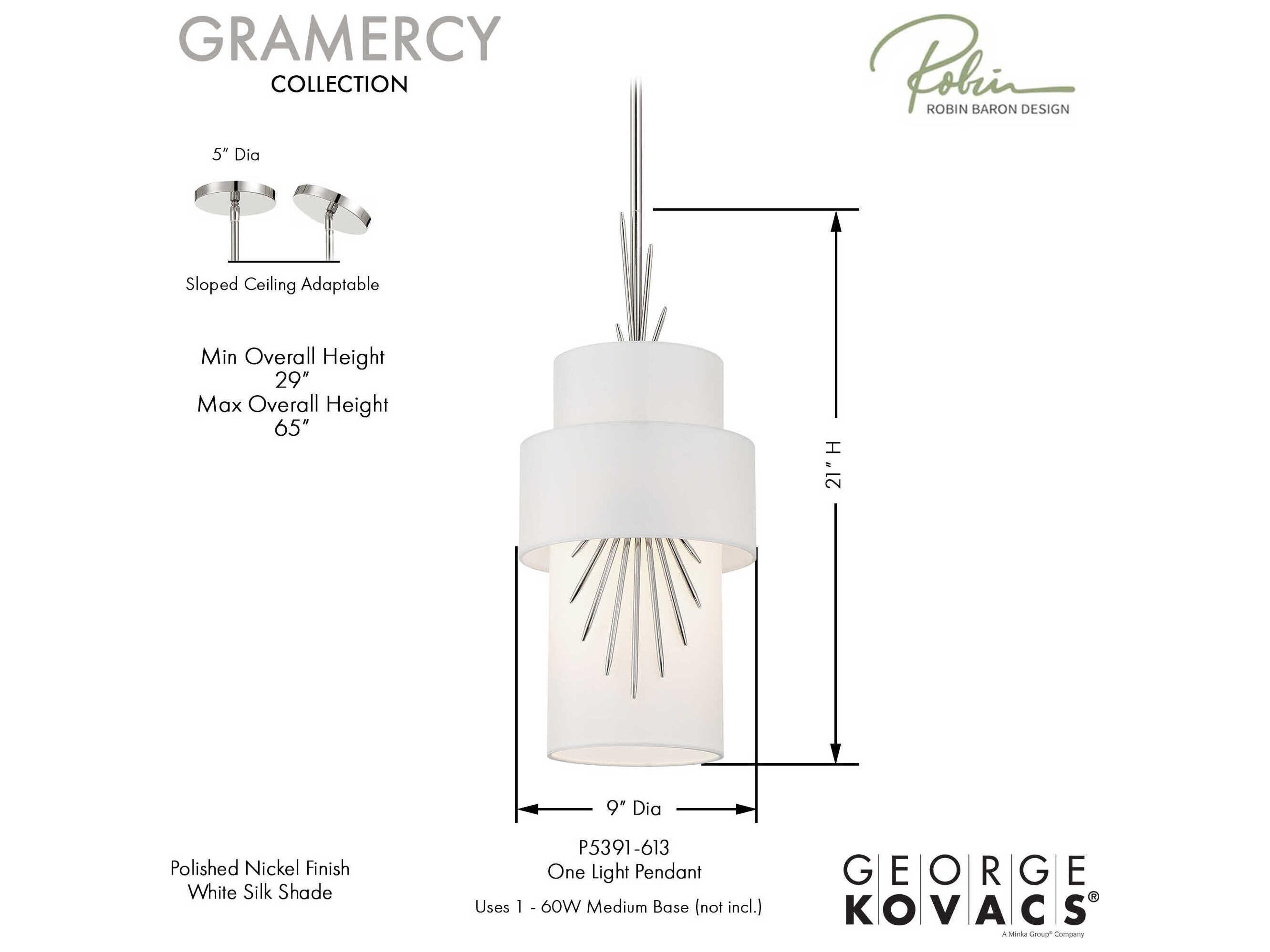 George Kovacs Gramercy 1-Light Polished Nickel Cylinder Mini Pendant