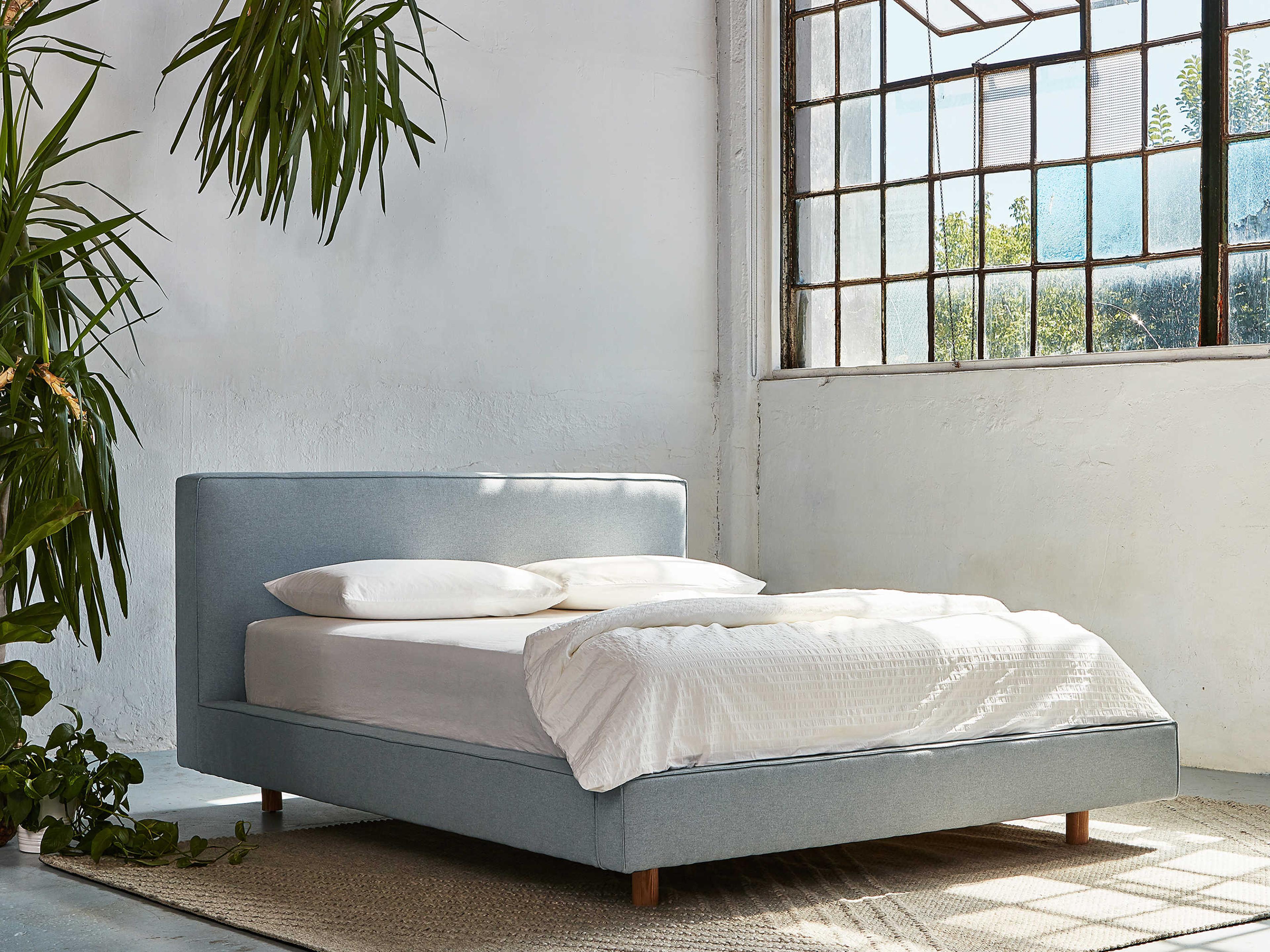 Gus* Modern Parcel Stockholm Celeste Ash Natural Blue Wood Upholstered King Platform Bed