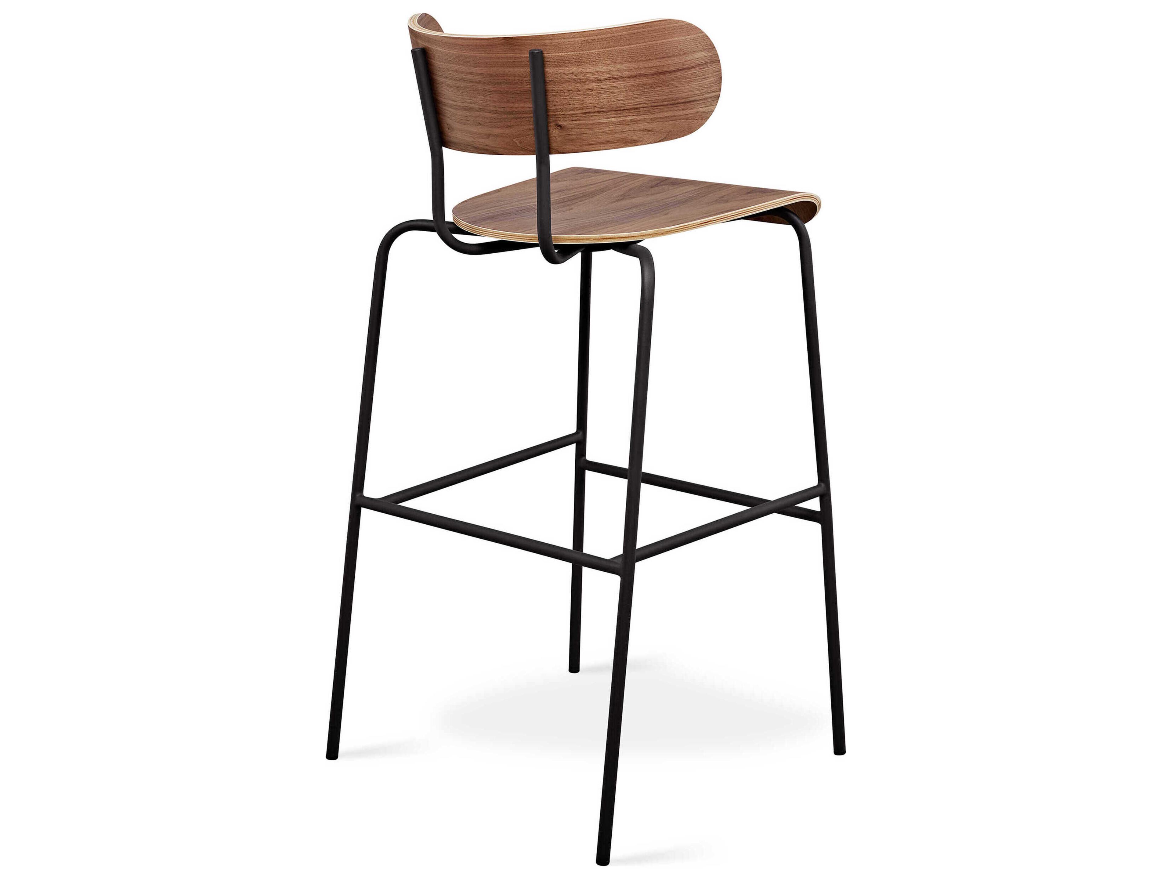 Gus* Modern Bantam Black Powder Coat Walnut Plywood Bar Stool