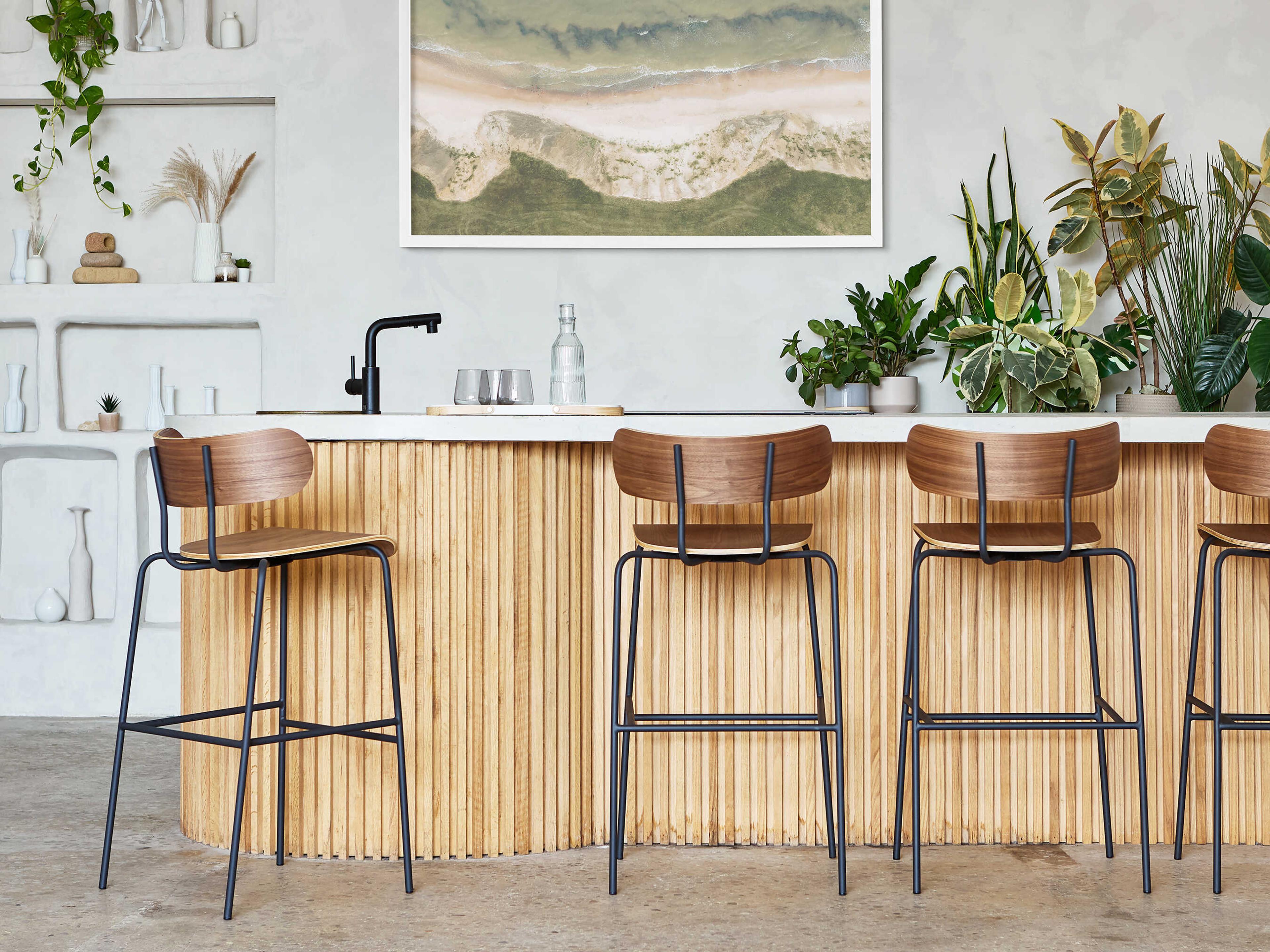 Gus* Modern Bantam Black Powder Coat Walnut Plywood Bar Stool