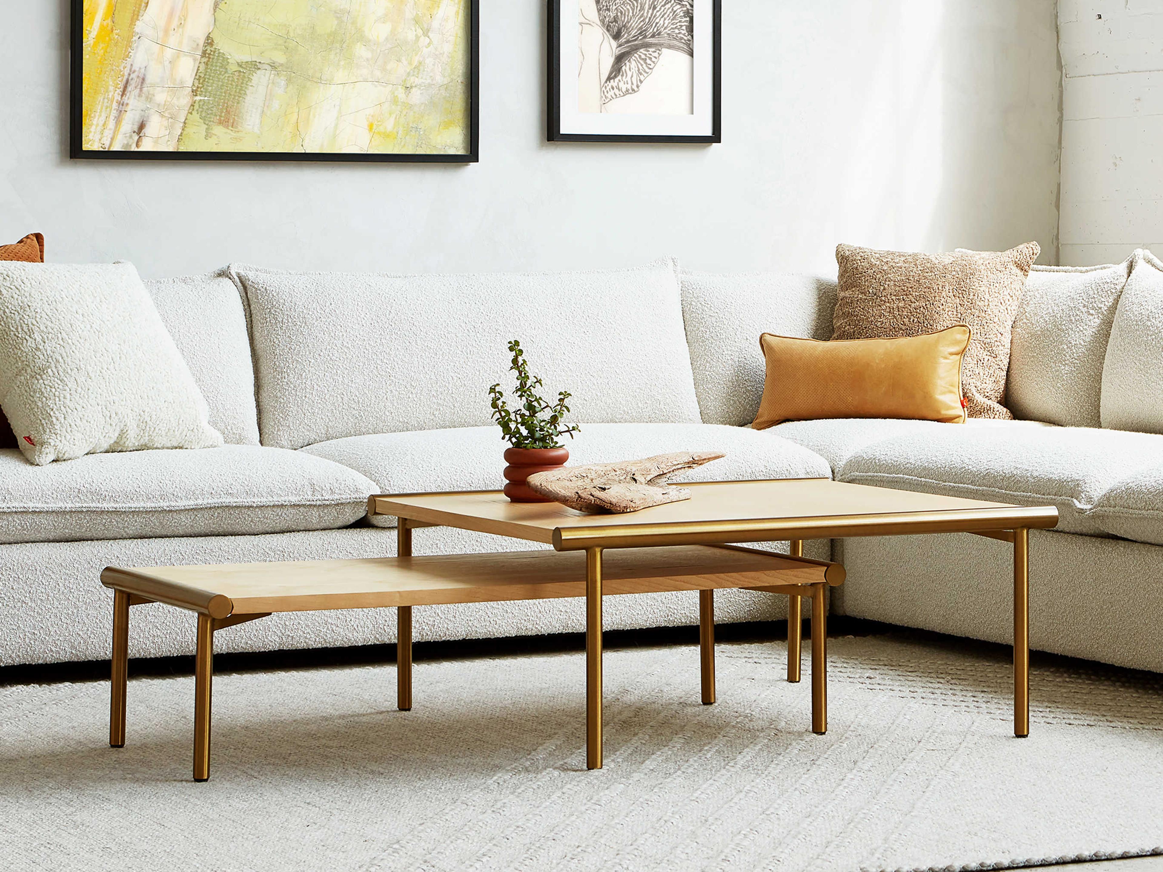 Gus* Modern Manifold Rectangular Wood Blonde Ash Brass Coffee Table