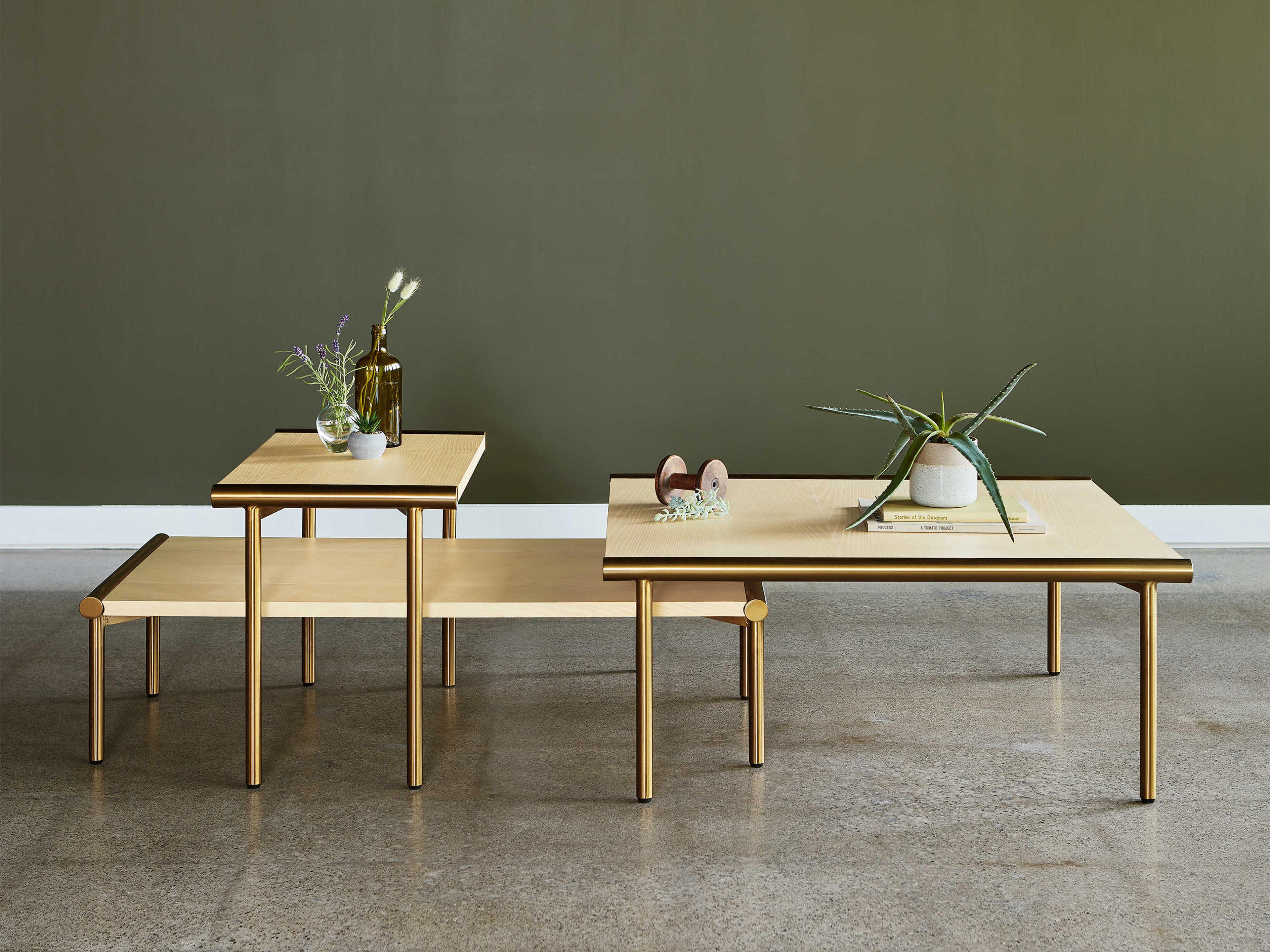 Gus* Modern Manifold Rectangular Wood Blonde Ash Brass Coffee Table