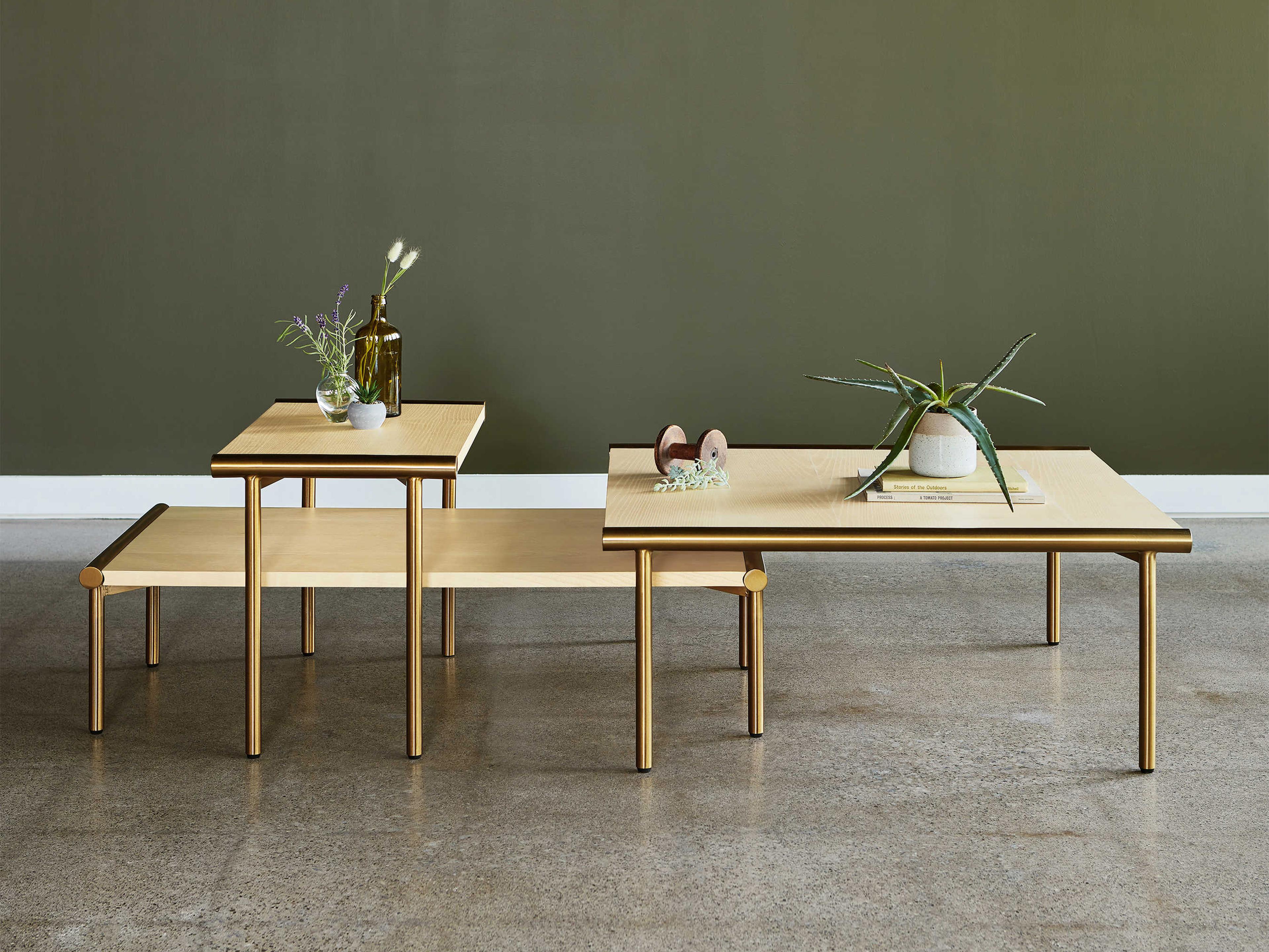 Gus* Modern Manifold Square Wood Blonde Ash Brass Coffee Table