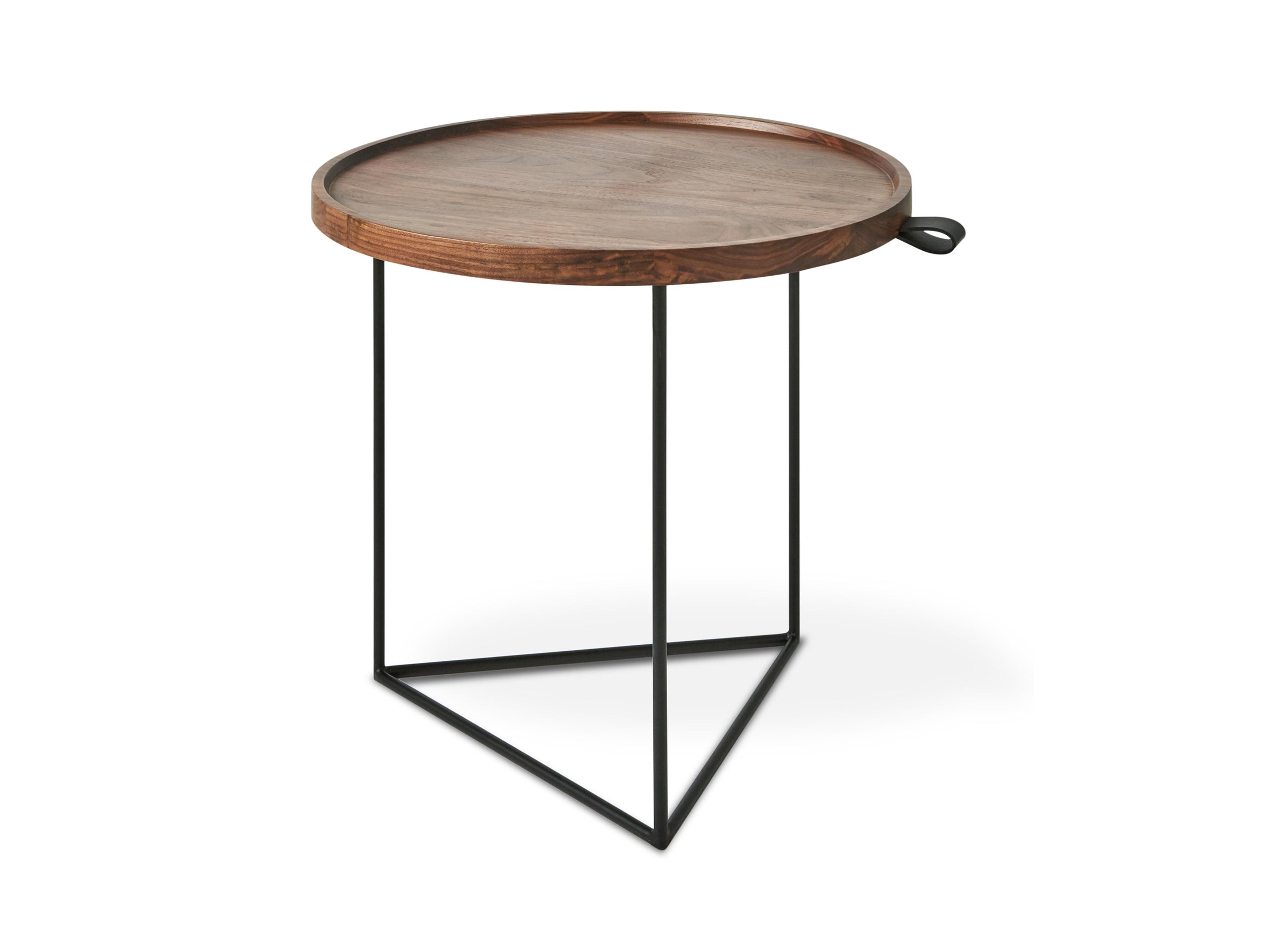 Porter Round Wood Walnut Black Leather End Table