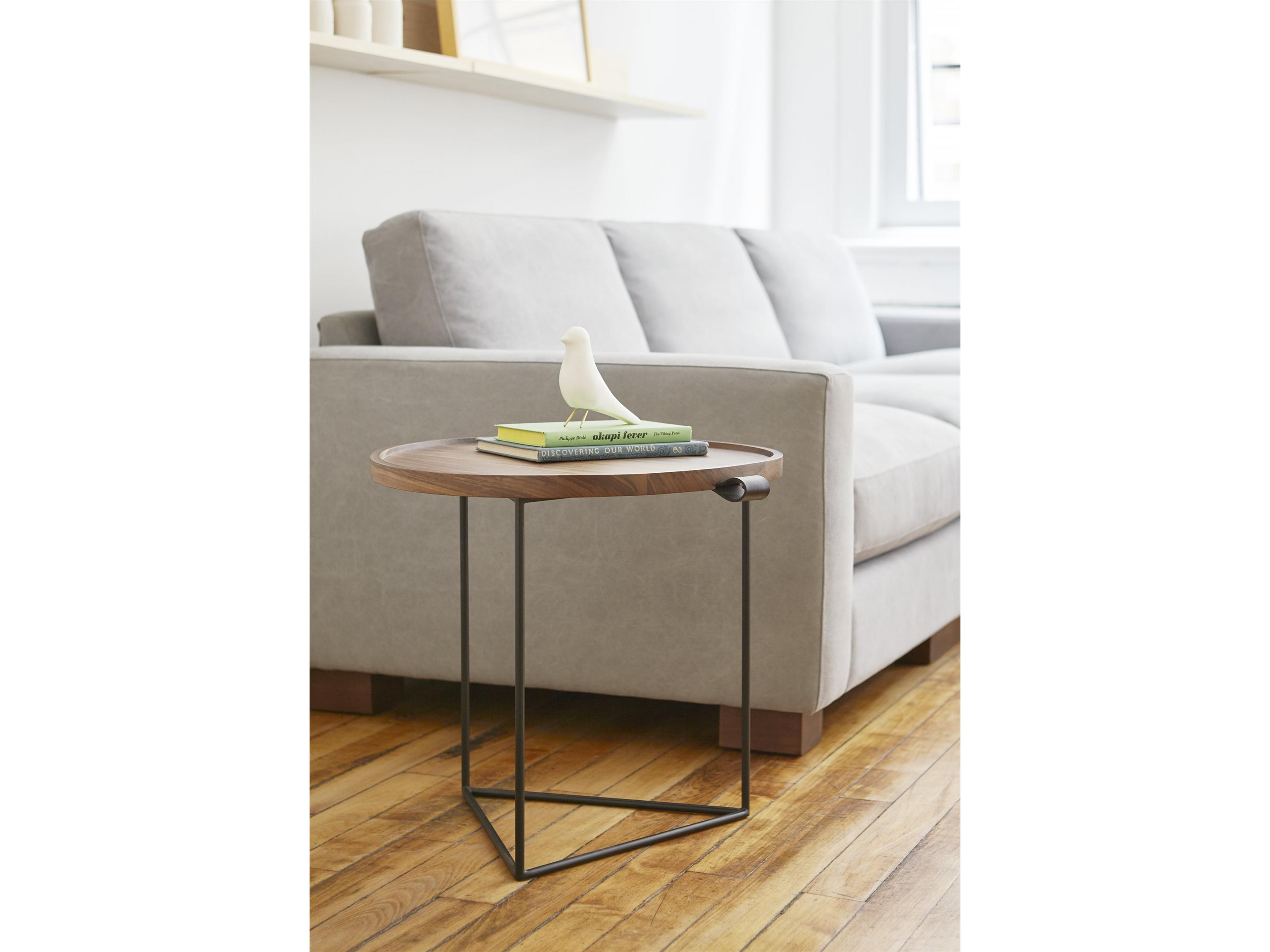 Gus* Modern Porter Round Wood Walnut Black Leather End Table