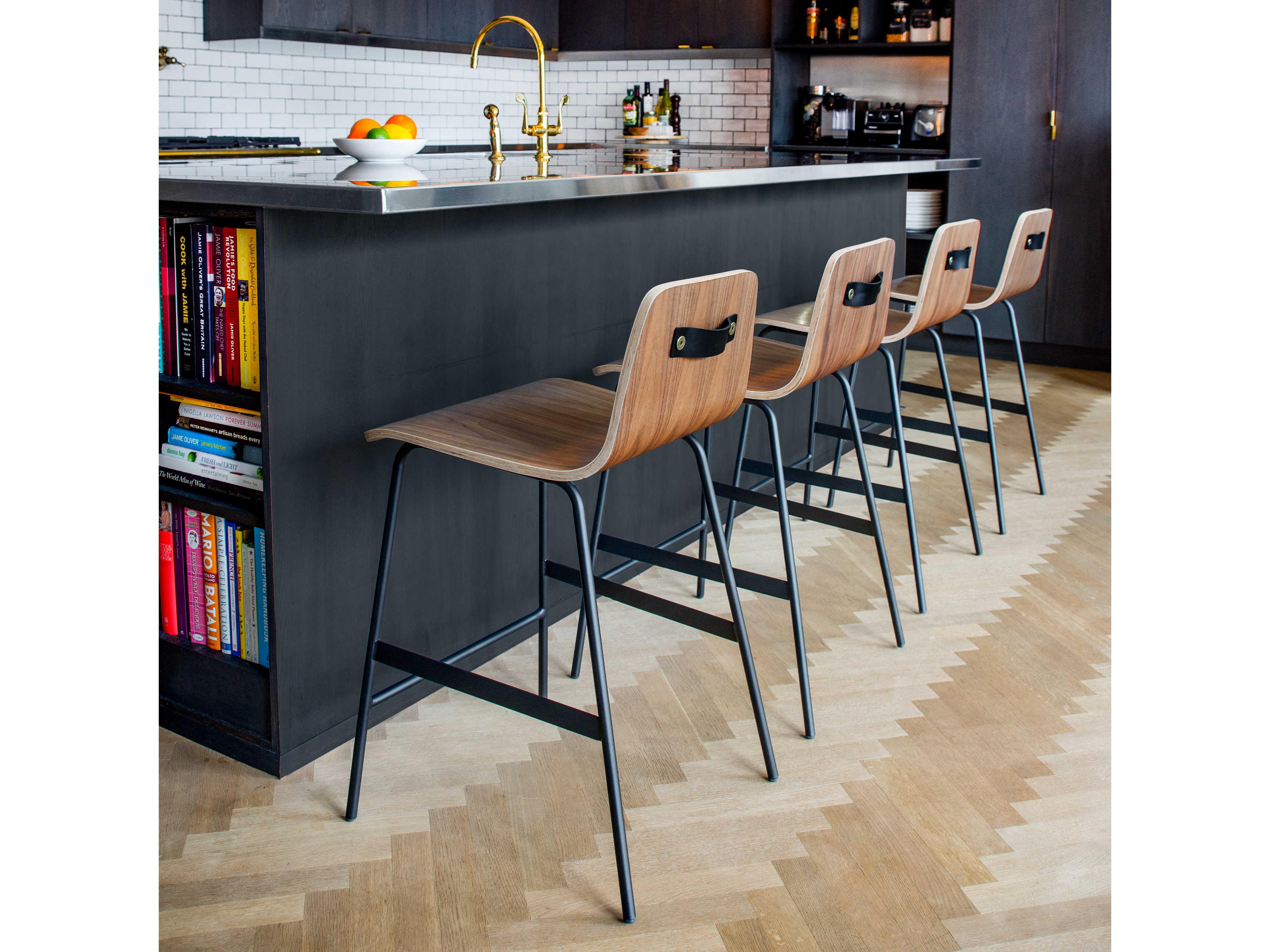 Gus* Modern Lecture Ply Wood Walnut Black Counter Stool