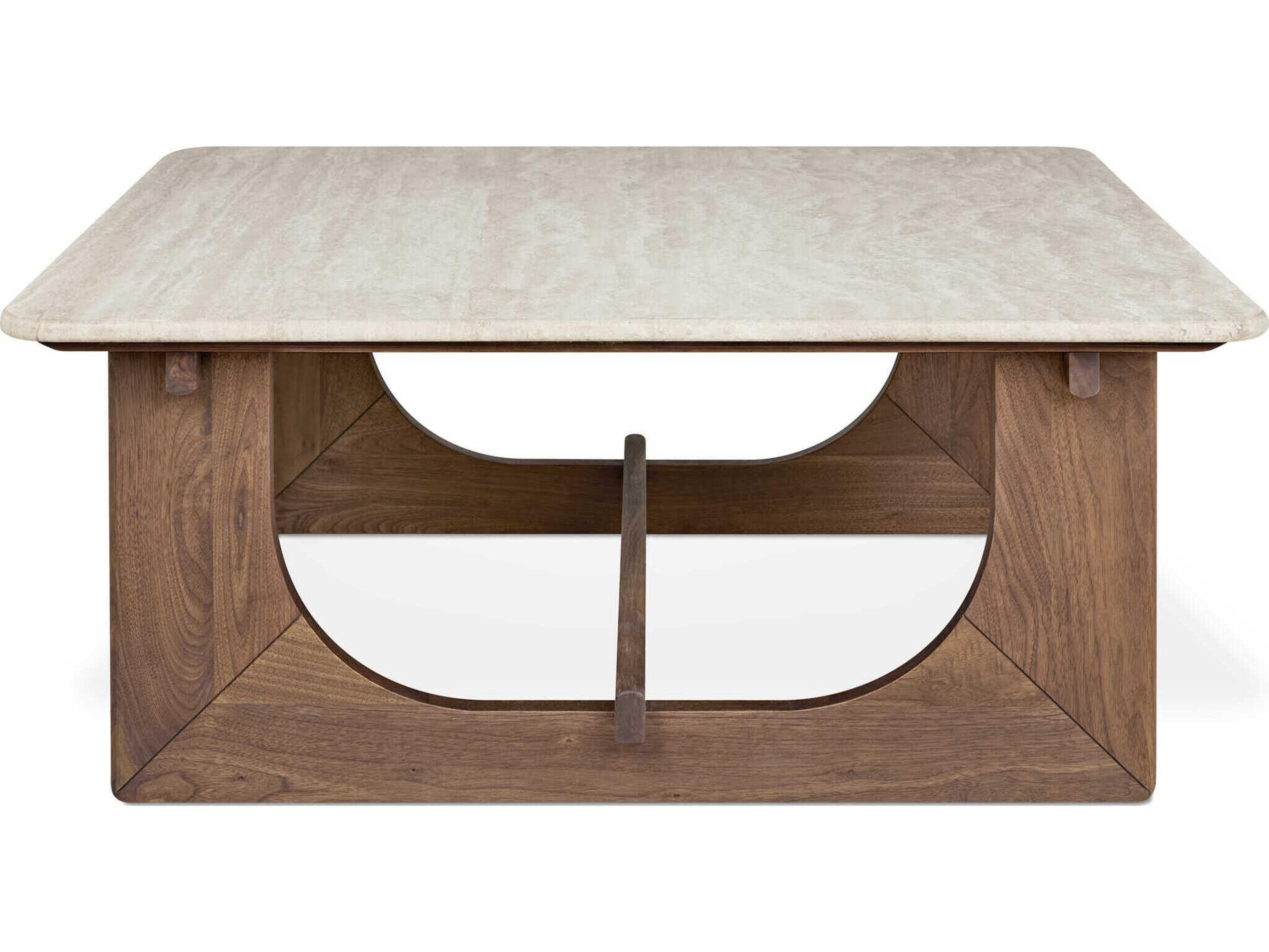 Gus* Modern Portico Square Stone Classic Walnut Travertine Natural Coffee Table