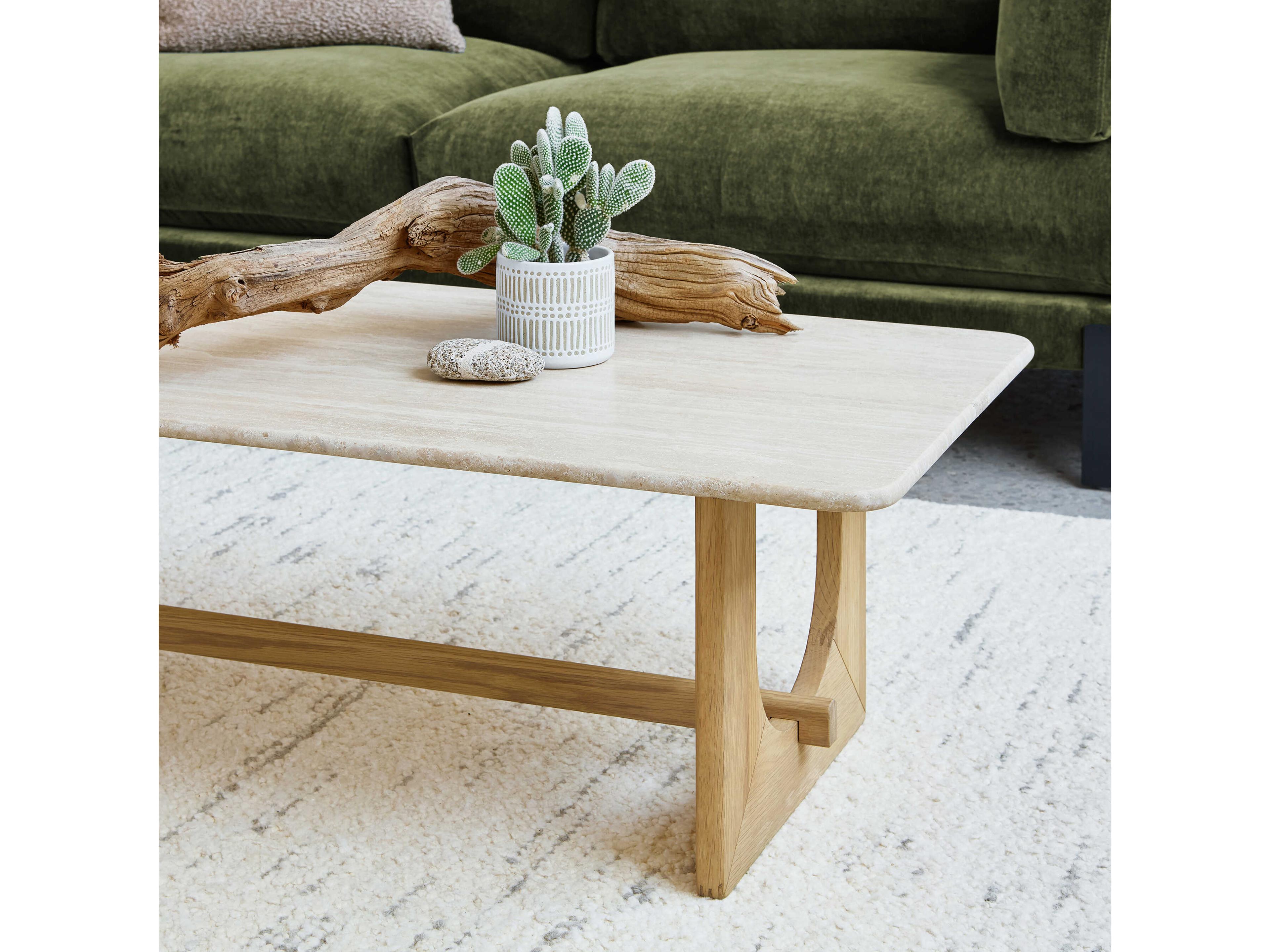 Gus* Modern Portico Rectangular Stone White Oak Travertine Natural Coffee Table