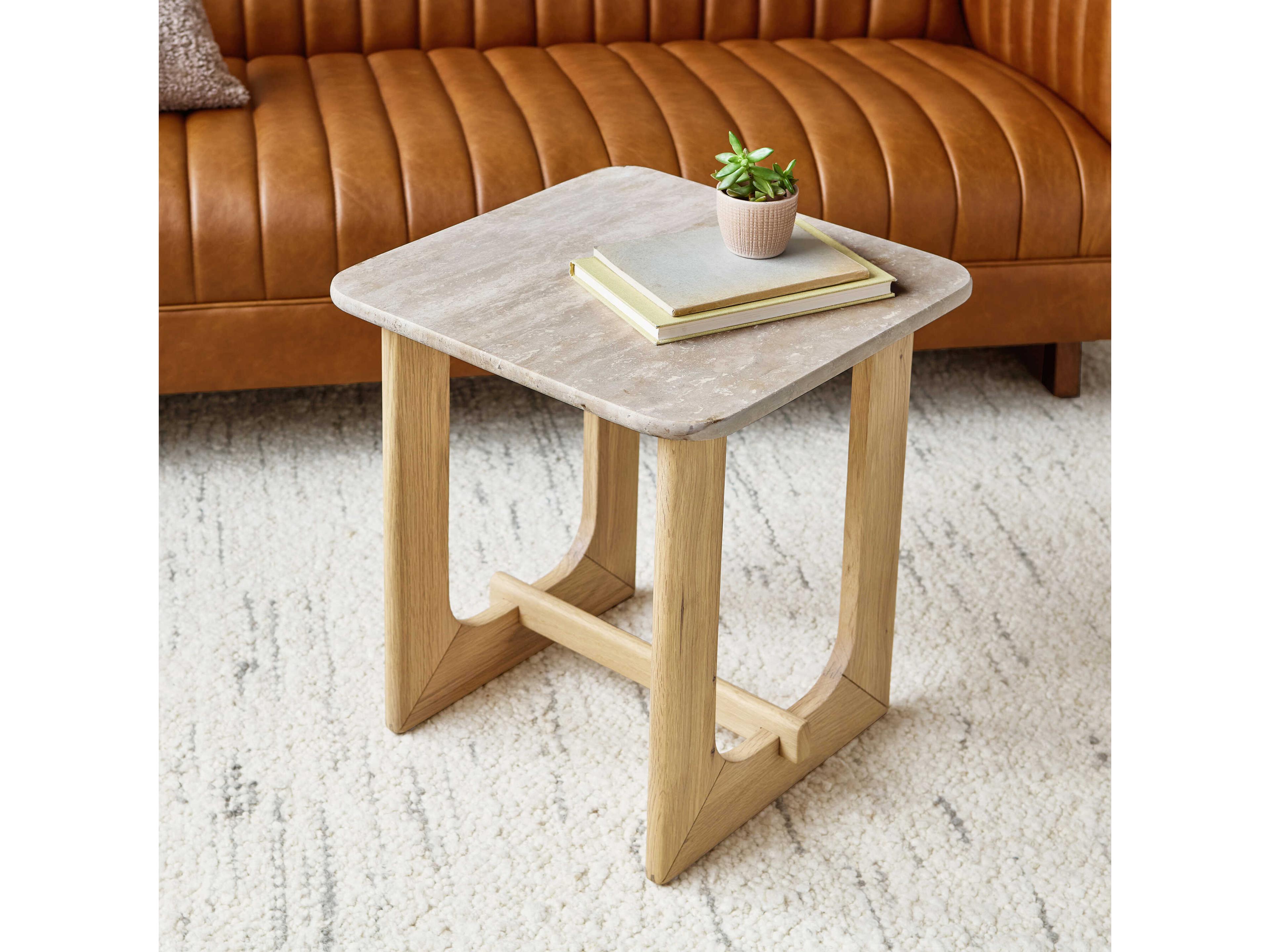 Gus* Modern Portico Square Stone White Oak Travertine Natural End Table