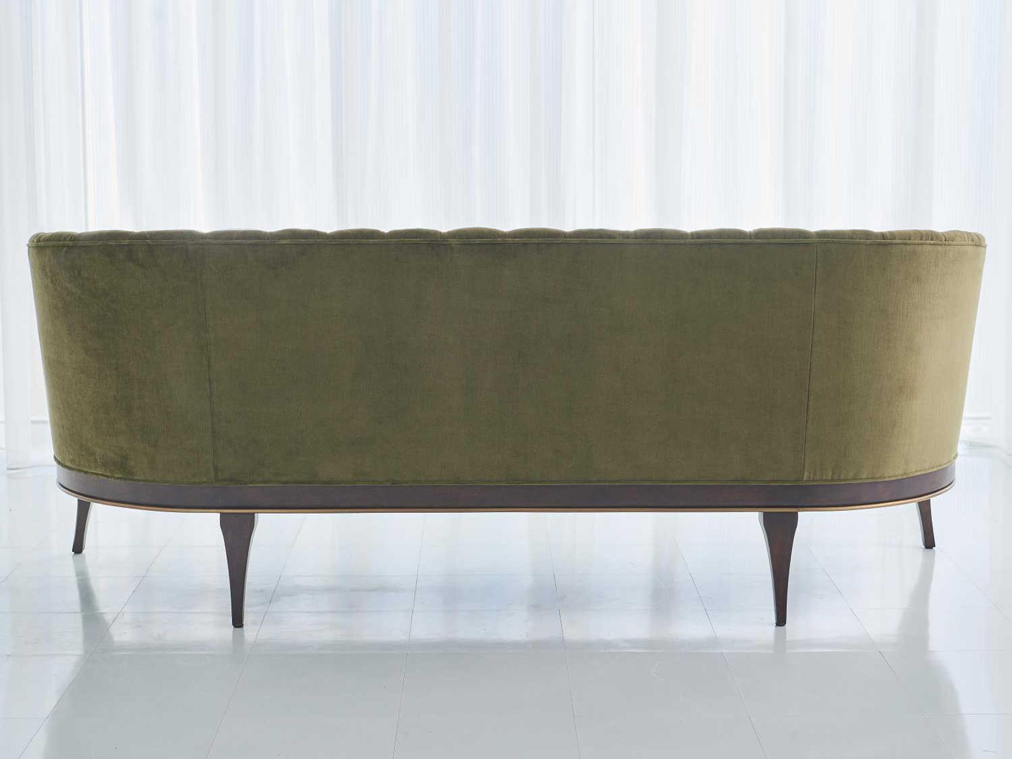 Global Views Mossy Green Velvet Dark Waxed Oil Walnut Brown Upholstered Sofa
