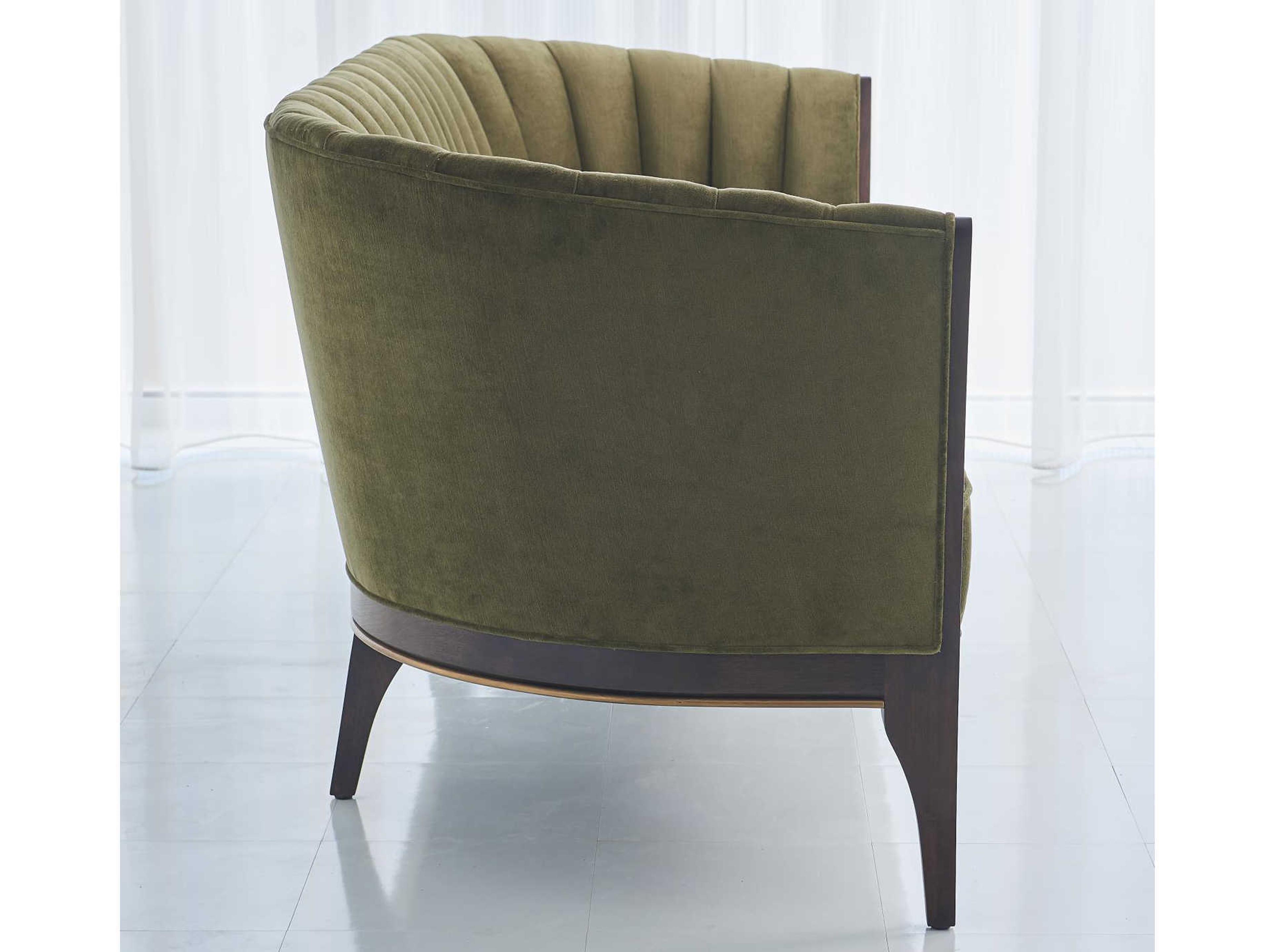 Global Views Mossy Green Velvet Dark Waxed Oil Walnut Brown Upholstered Sofa