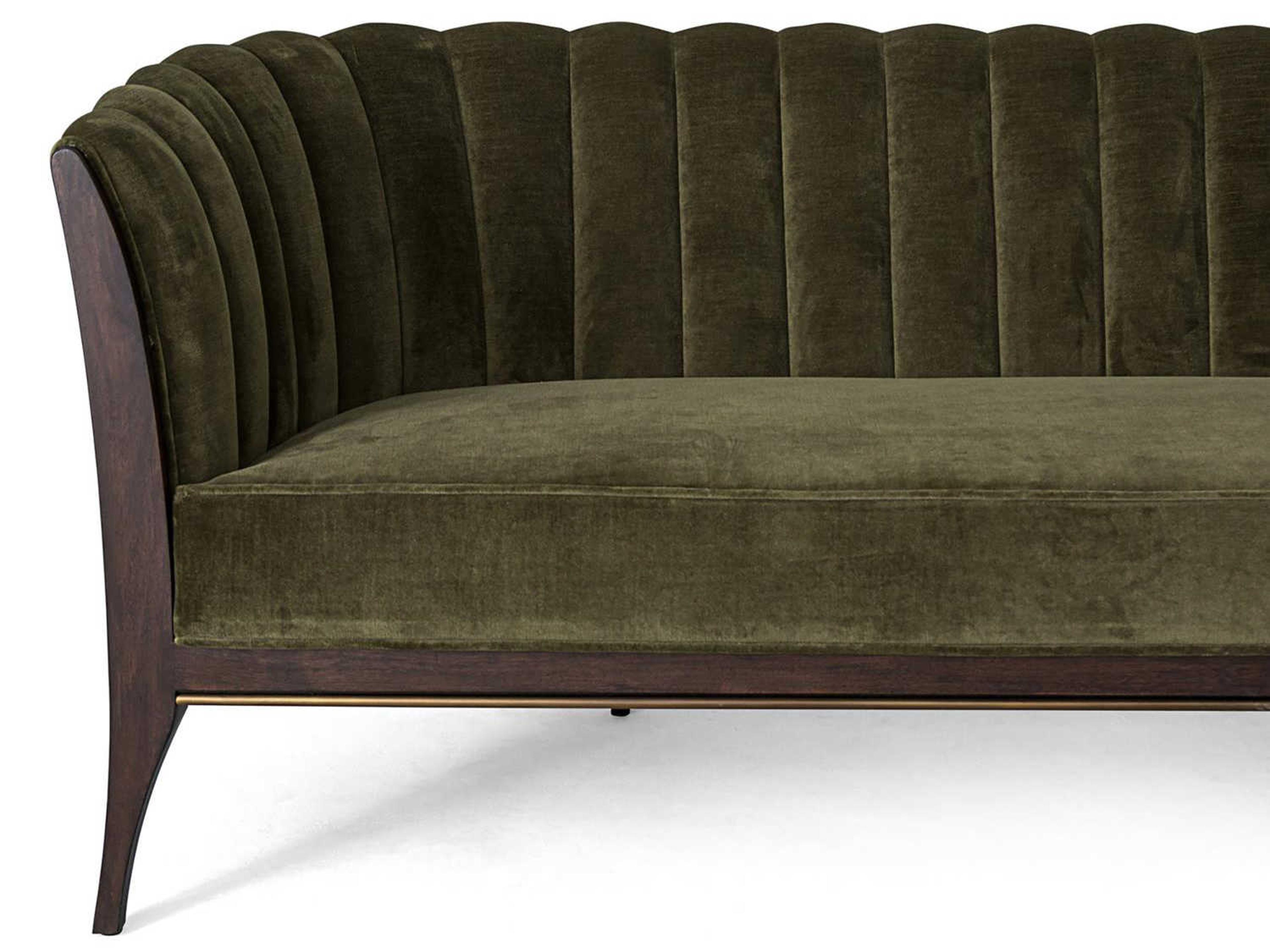 Global Views Mossy Green Velvet Dark Waxed Oil Walnut Brown Upholstered Sofa