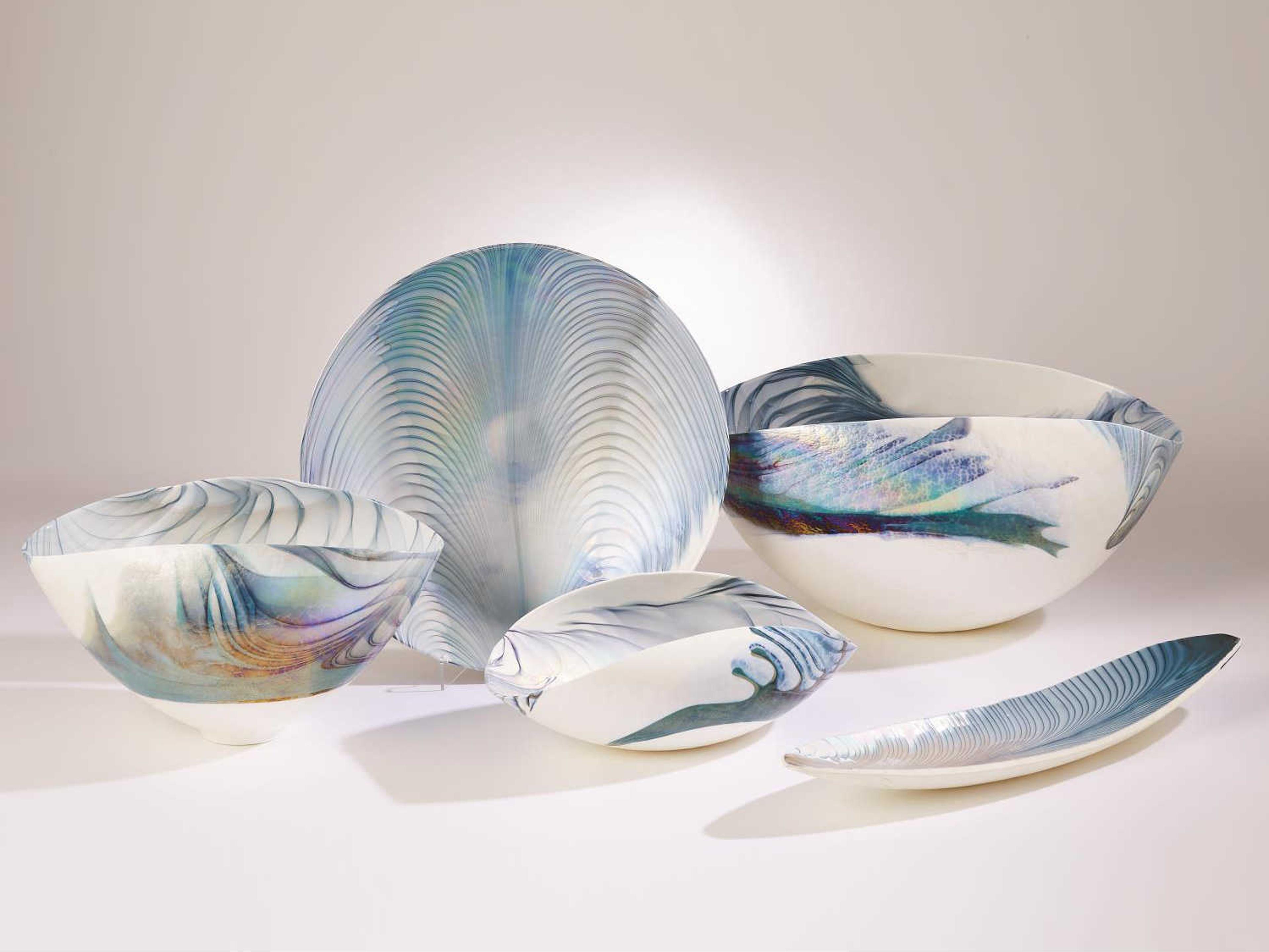 Global Views Feather Swirl Ivory Turquoise Decorative Folded Bowl