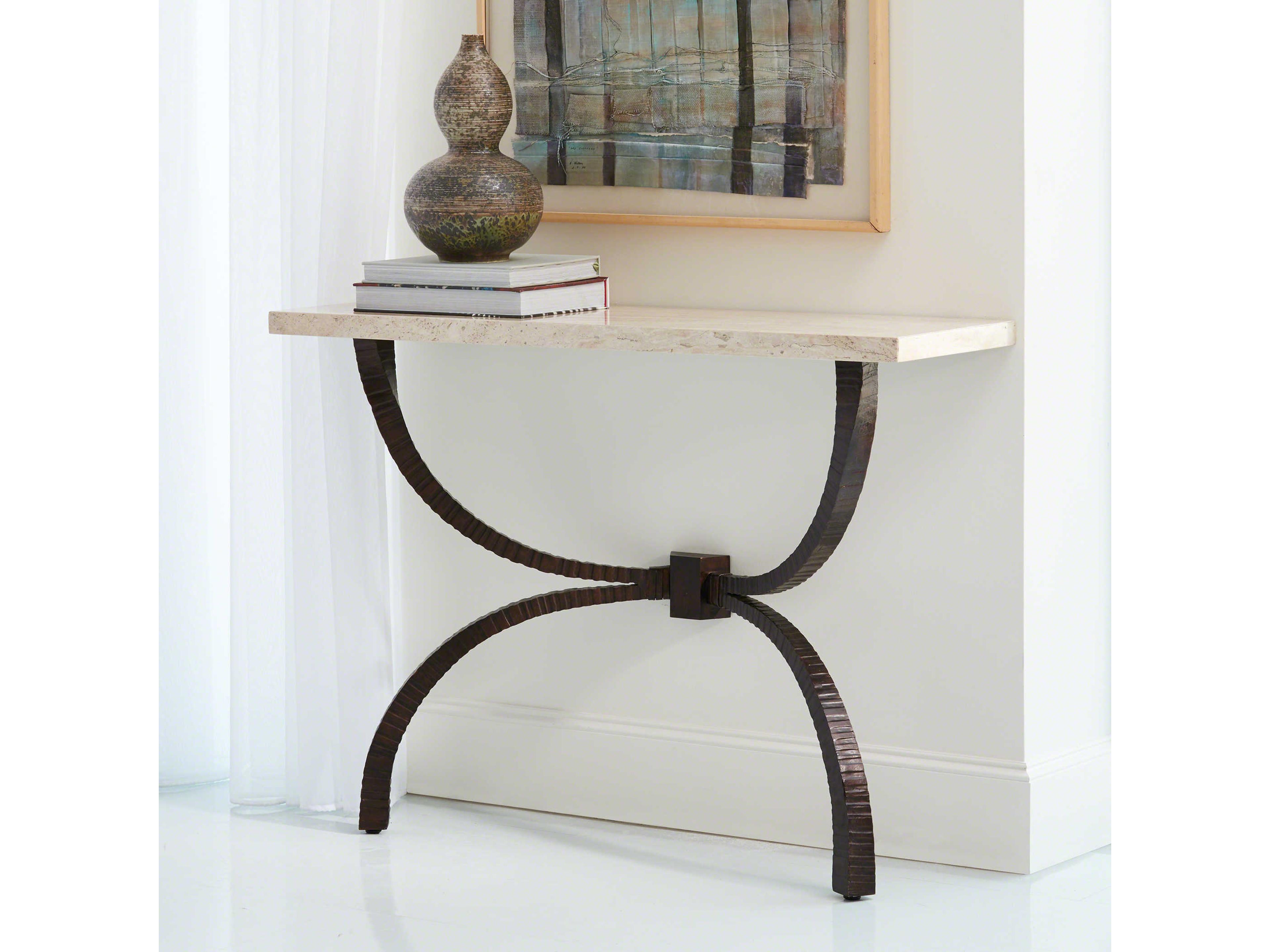 Global Views Rectangular Stone Bronze Console Table