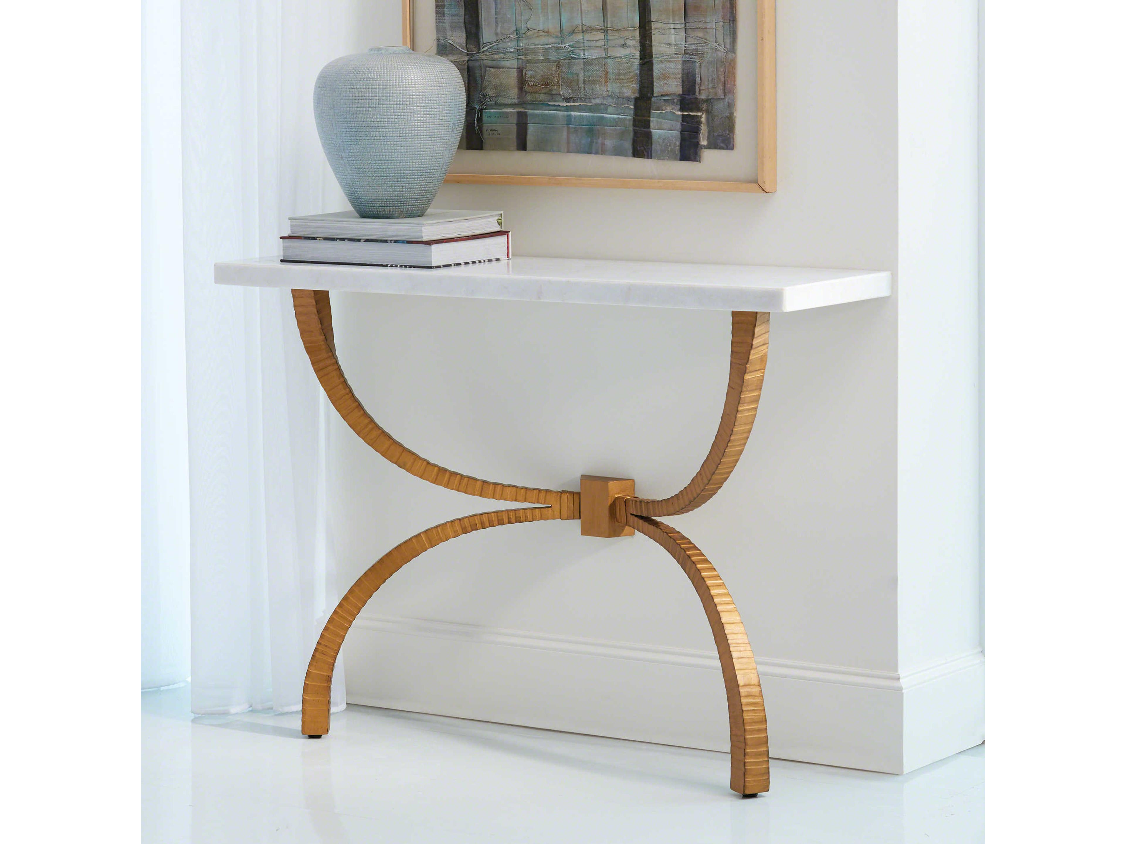 Global Views Rectangular Marble Gold Console Table