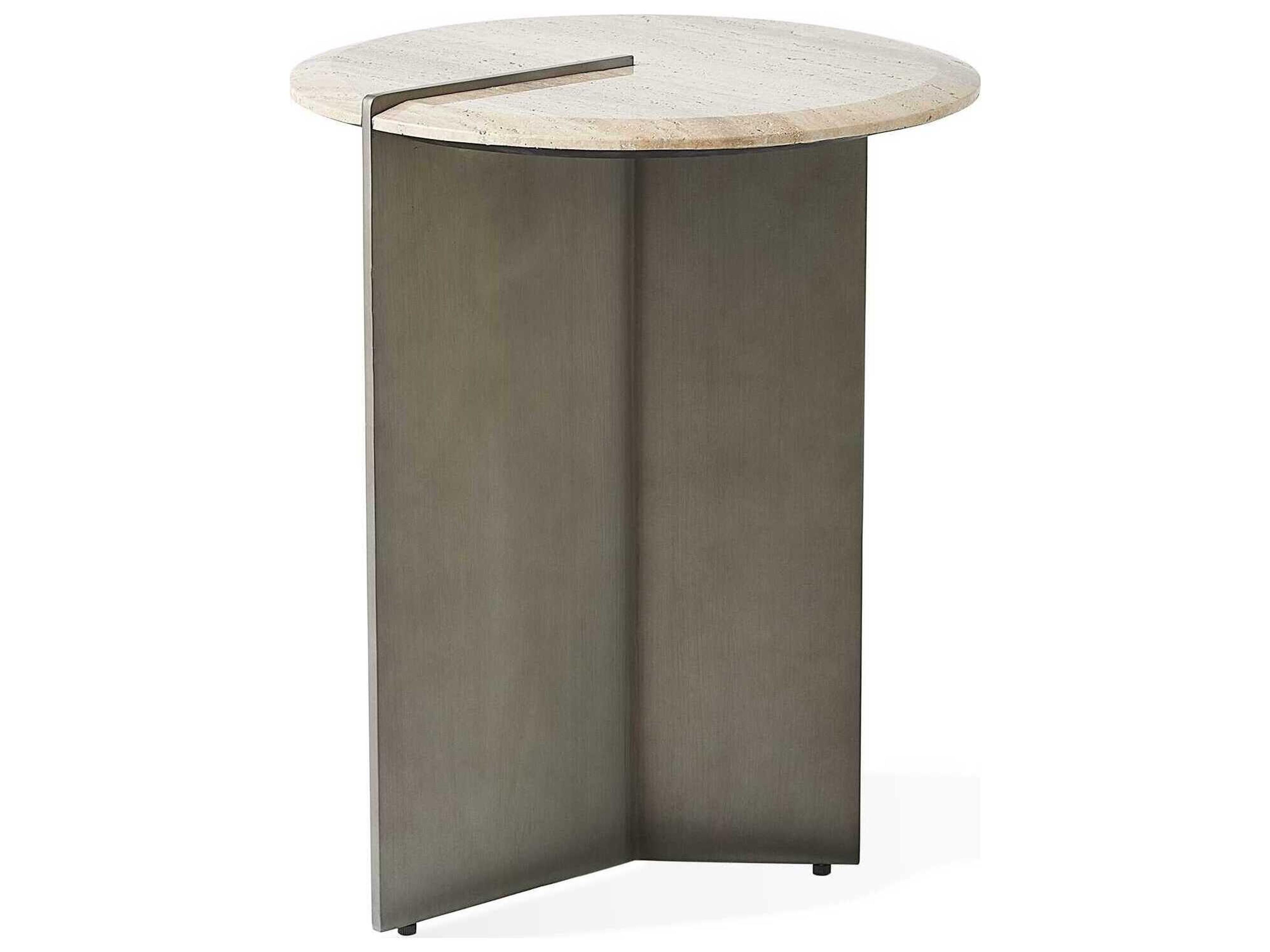 Global Views Sundial Round Stone Brushed Antique Gunmetal End Table