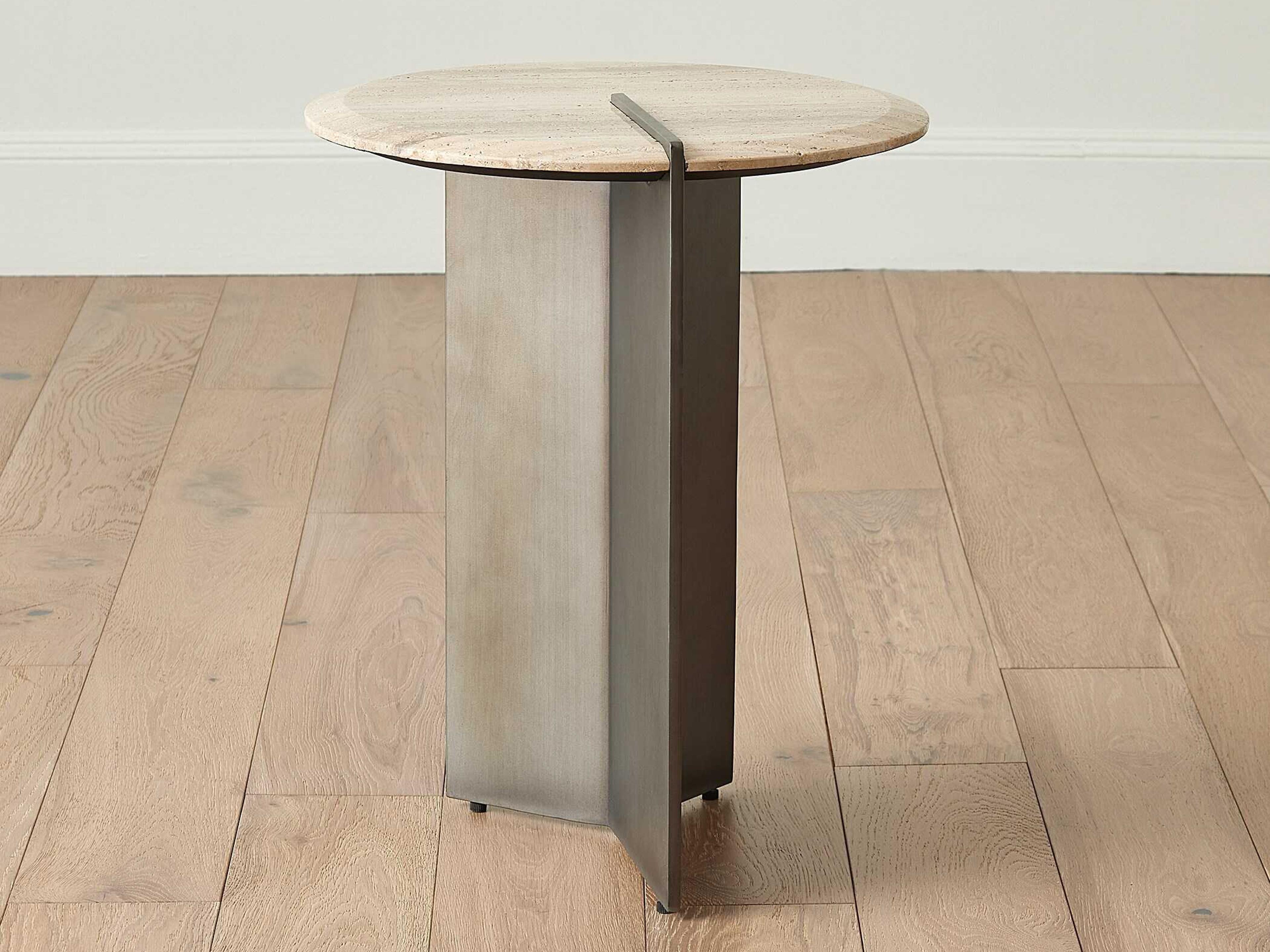 Global Views Sundial Round Stone Brushed Antique Gunmetal End Table