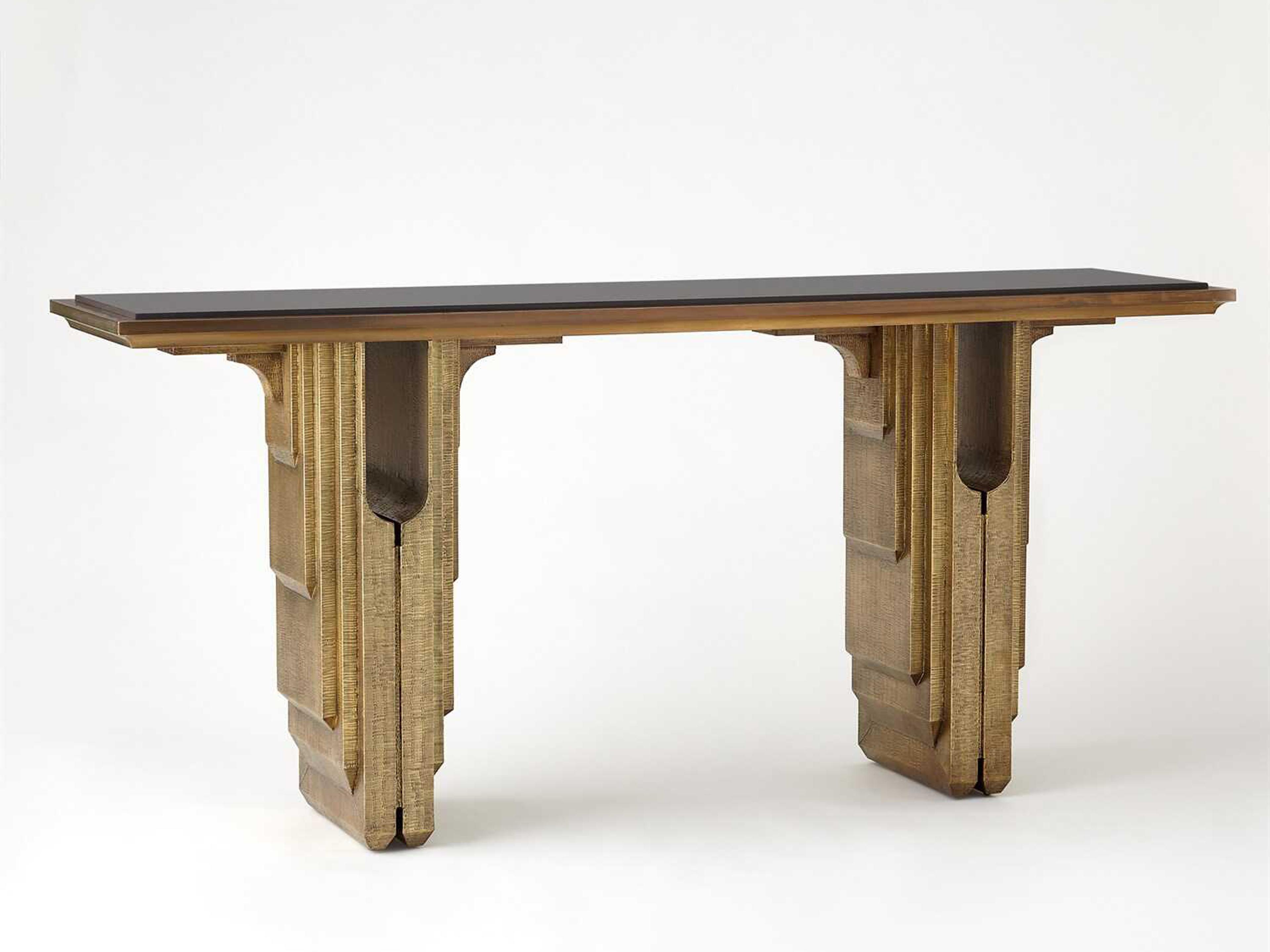 Rectangular Stone Black Granite Texture Brass Console Table