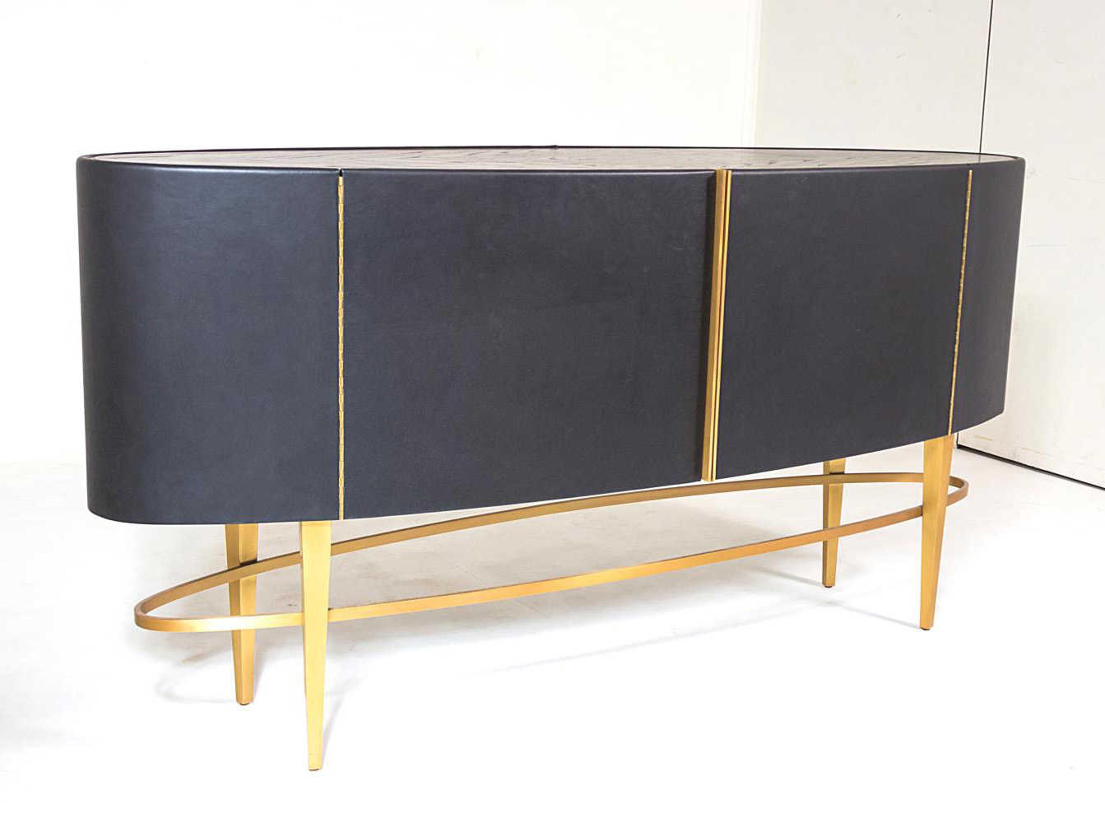 72" Oak Wood Black Golden Sideboard