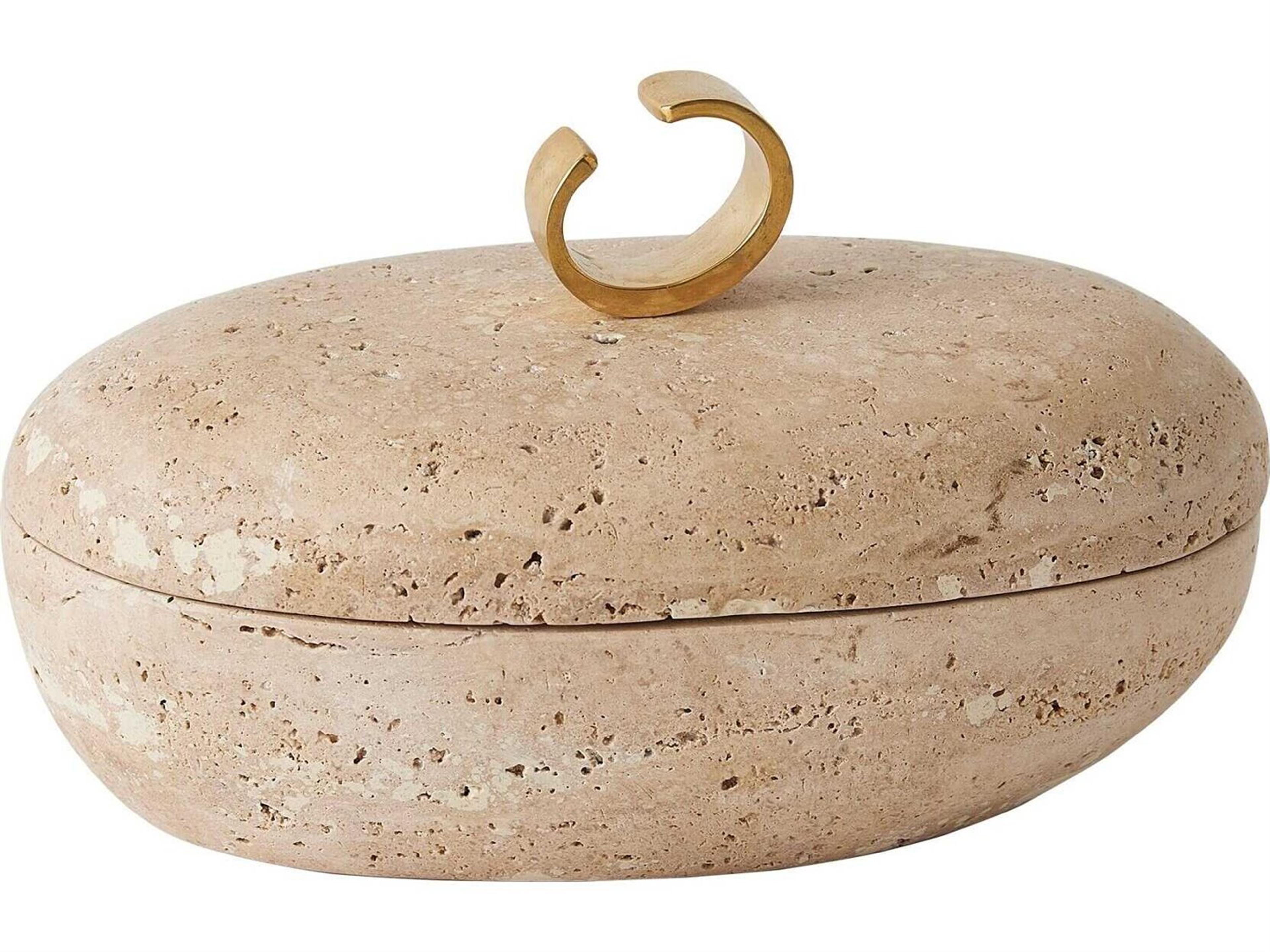 Caillou Lidded Pot-Travertine Decorative Accent Oval