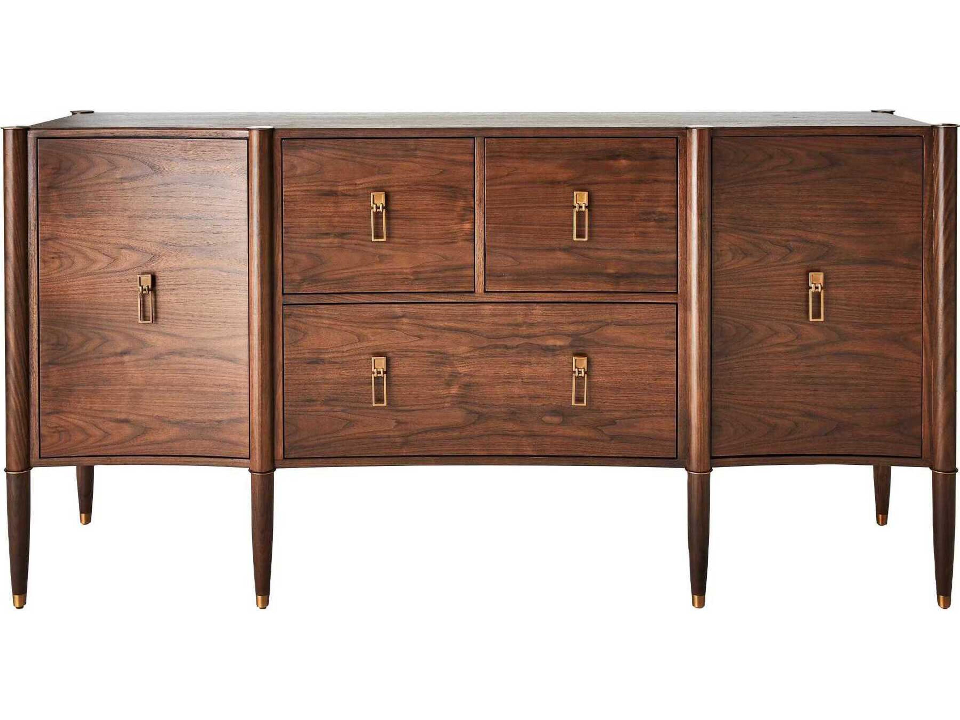 Triple Curve Walnut Antique Brass Accent Cabinet