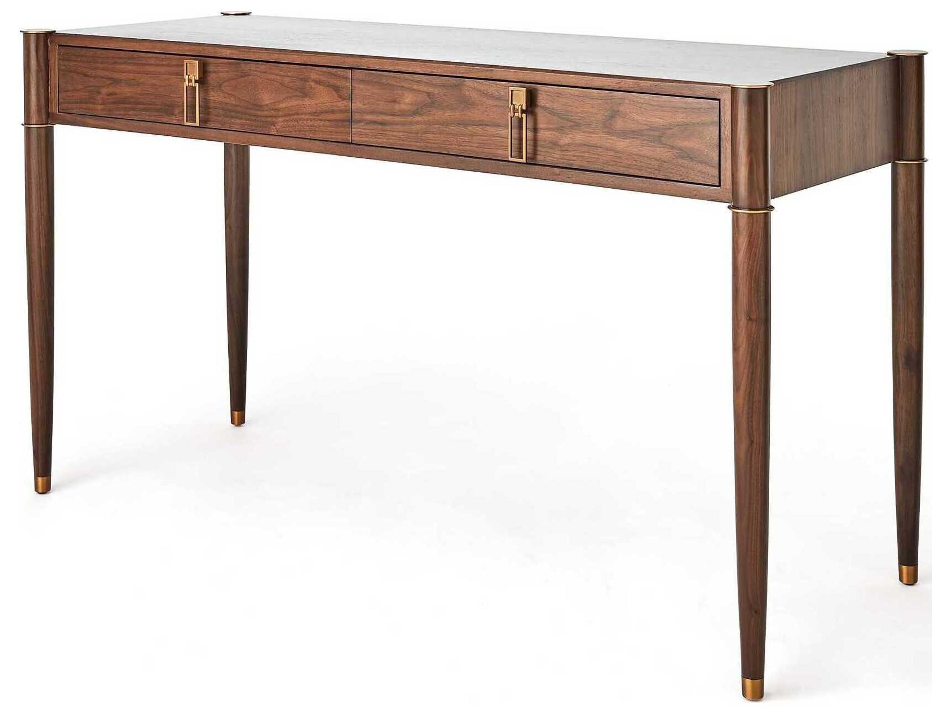 Triple Curve Walnut Antique Brass Brown Acacia Wood Writing Desk