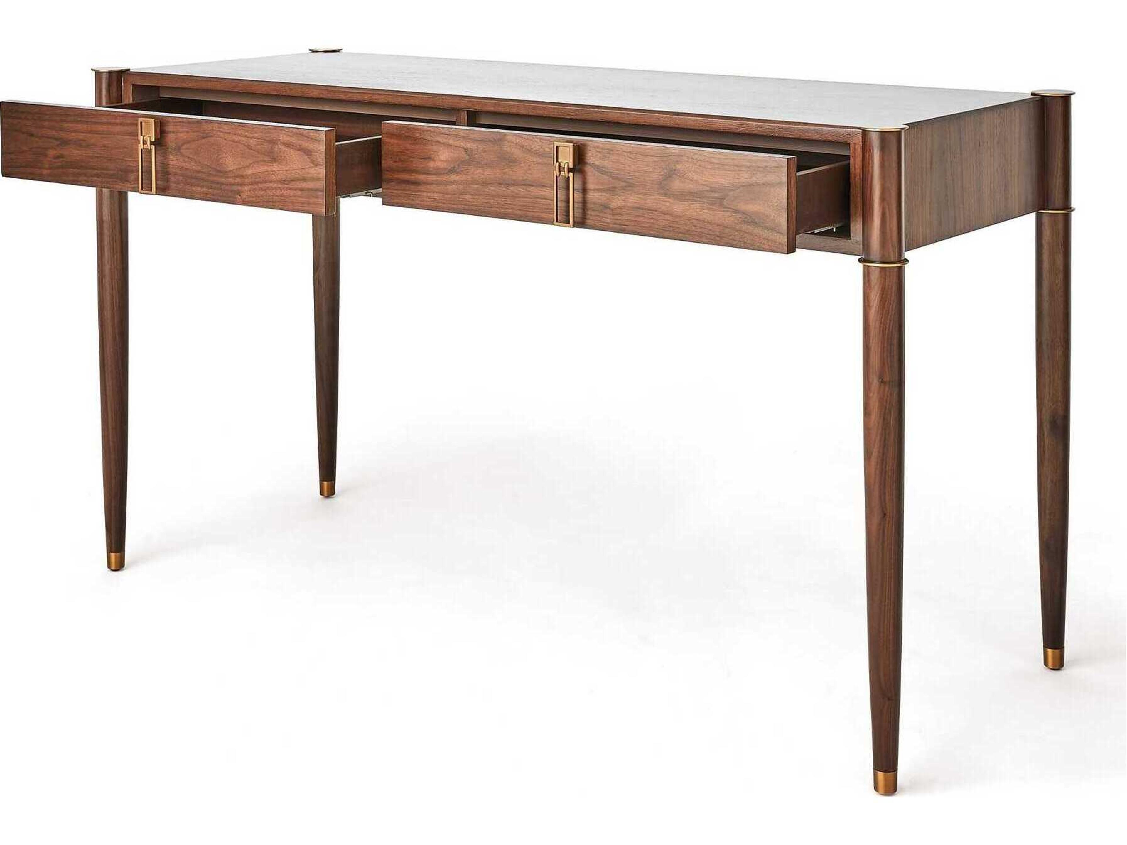 Global Views Triple Curve Walnut Antique Brass Brown Acacia Wood Writing Desk