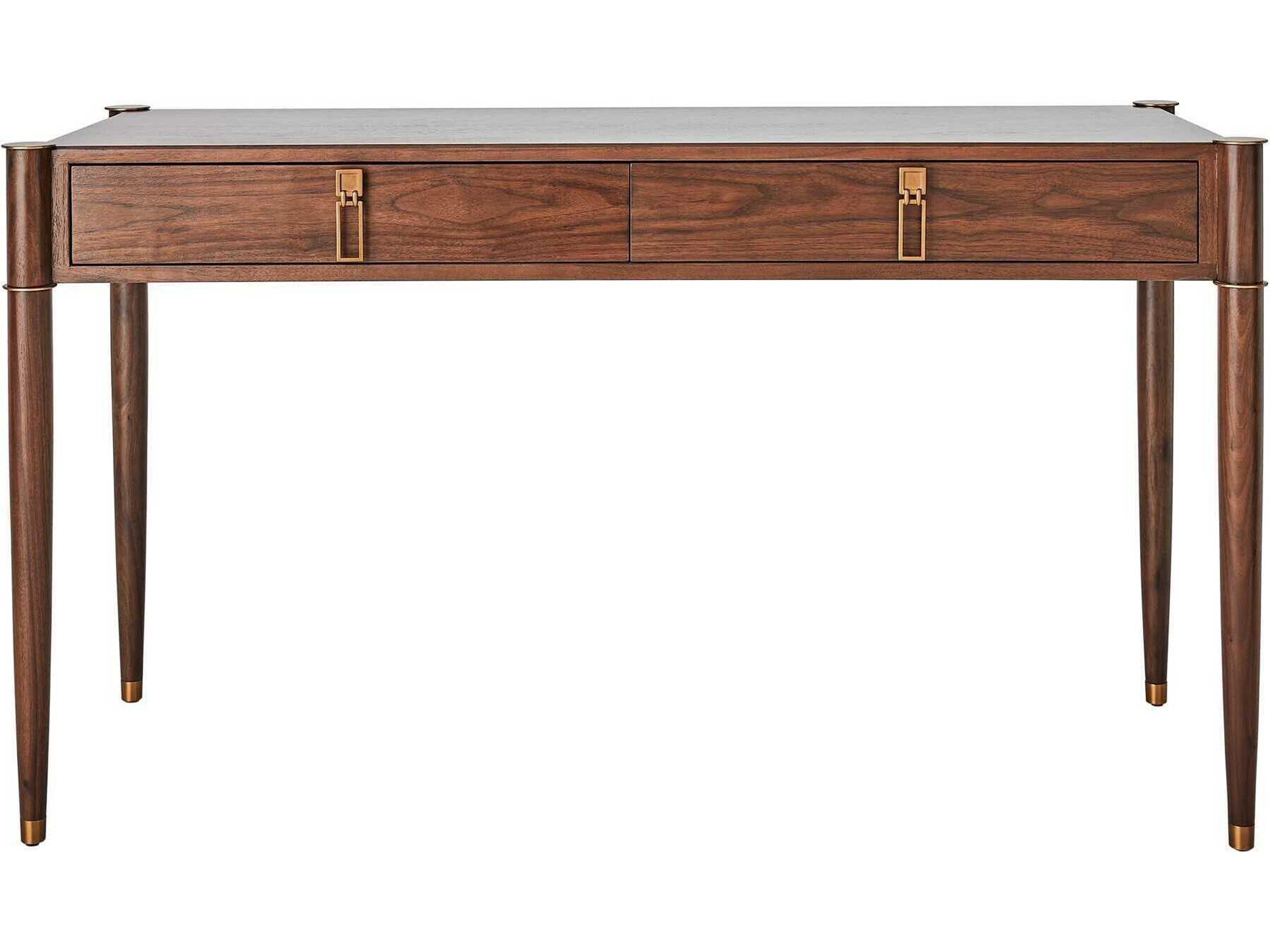 Global Views Triple Curve Walnut Antique Brass Brown Acacia Wood Writing Desk