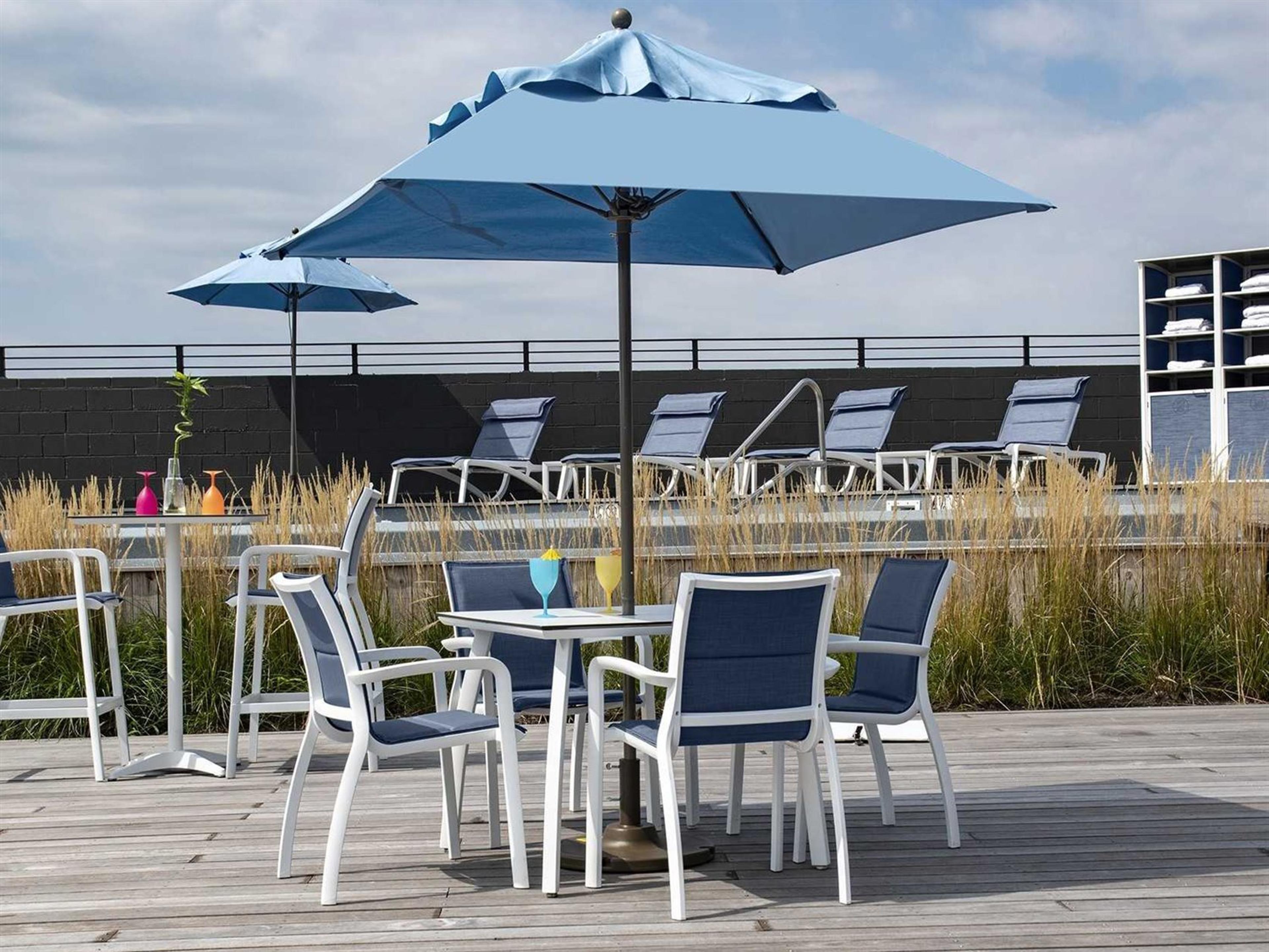 Sunset Sling Glacier White Aluminum Resin Outdoor Dining Set in Madras Blue