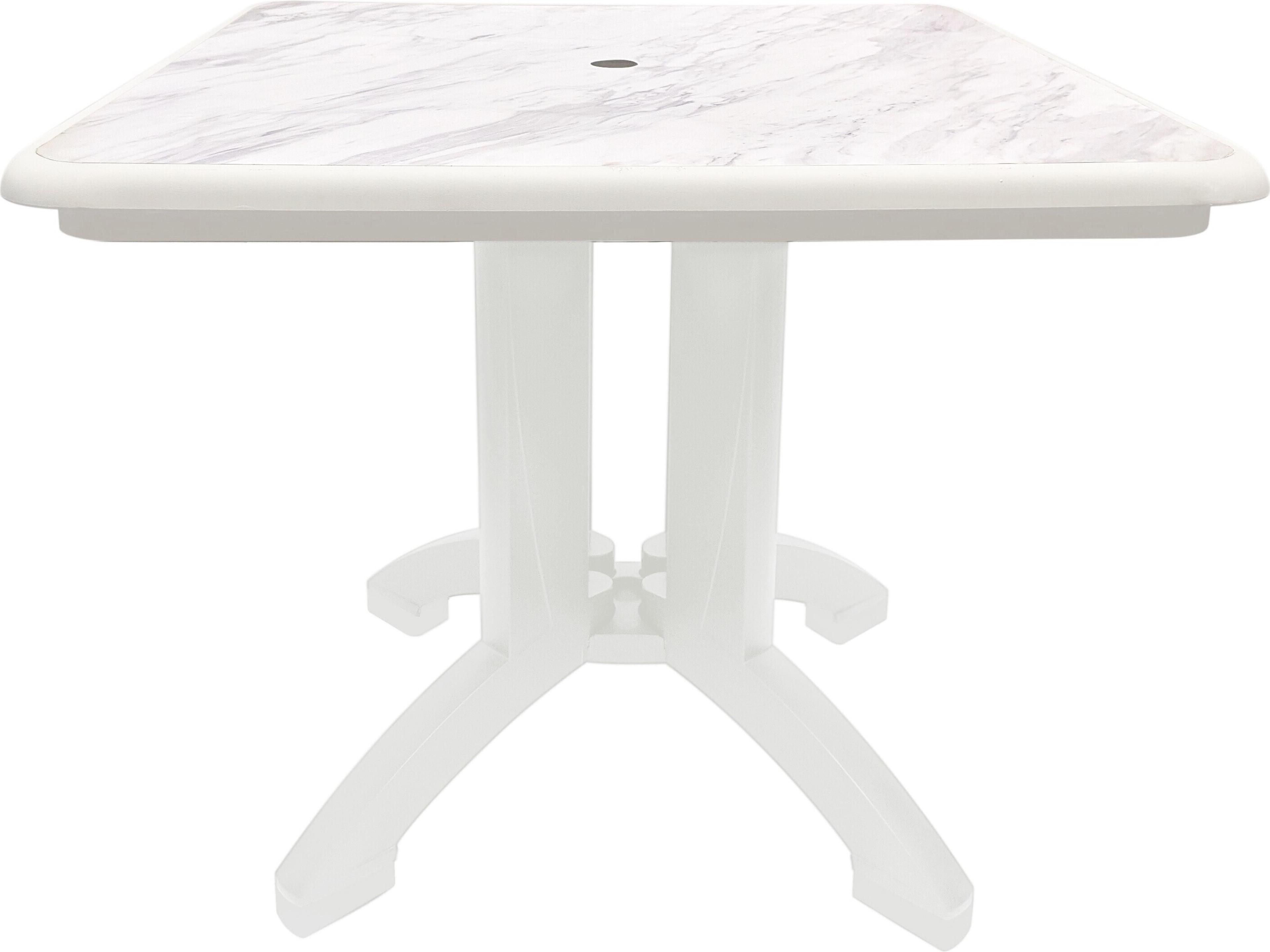 Aquaba Resin White/White Marble Square Patio Dining Table with Umbrella Hole