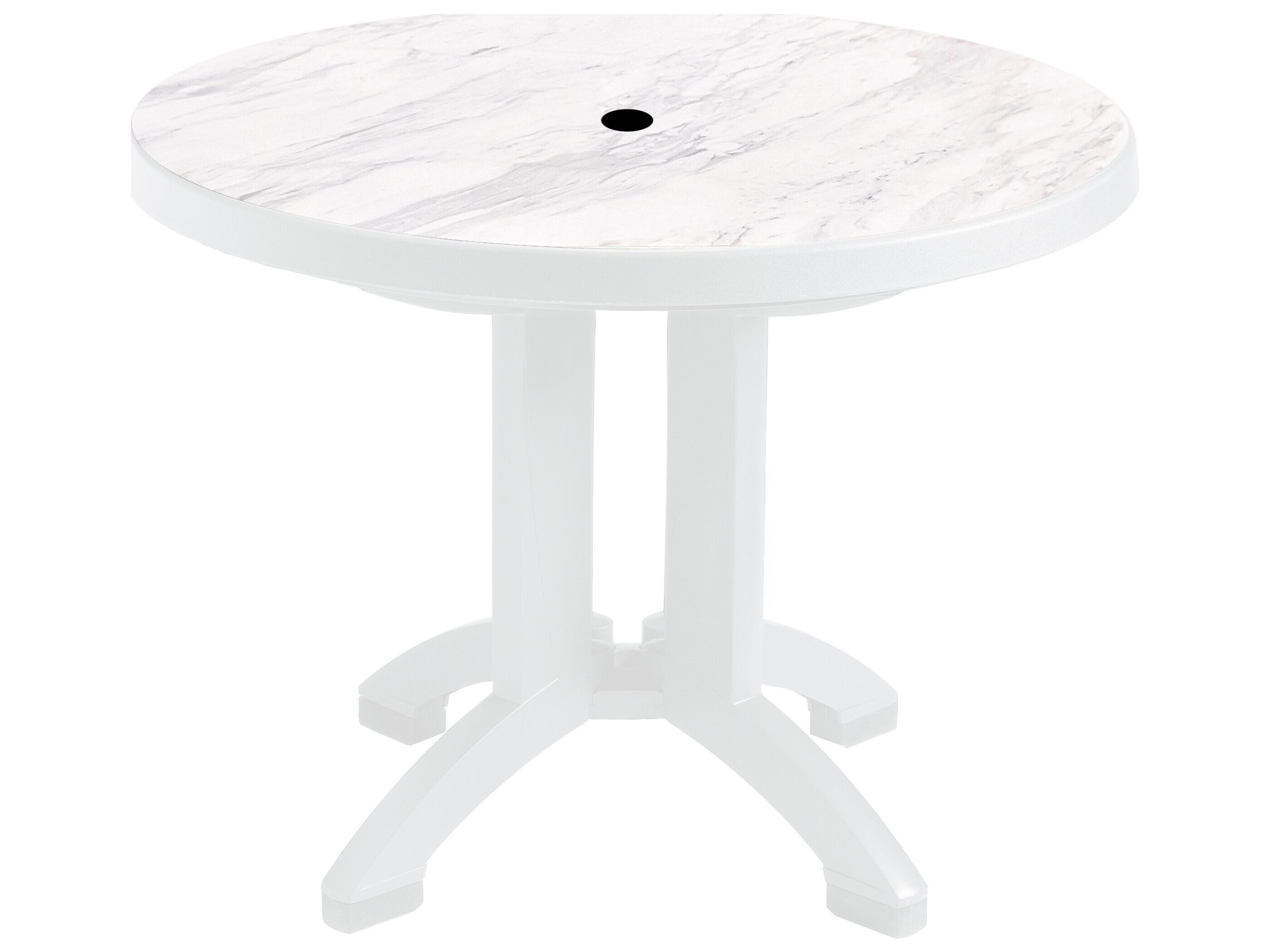 Aquaba Resin White Marble/White Round Outdoor Dining Table with Umbrella Hole