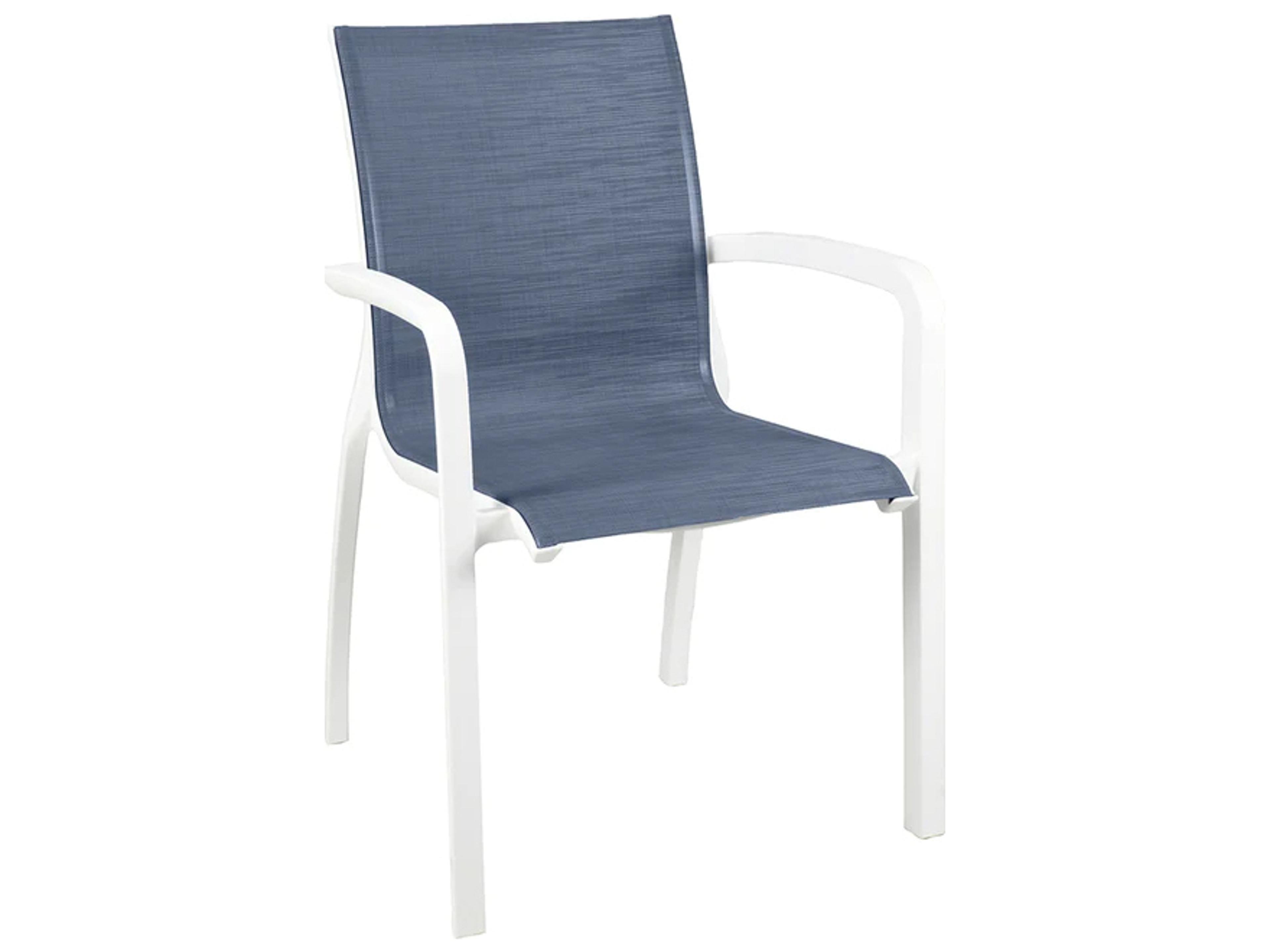 Sunset Sling Aluminum Glacier White Stacking Outdoor Dining Arm Chair in Madras Blue