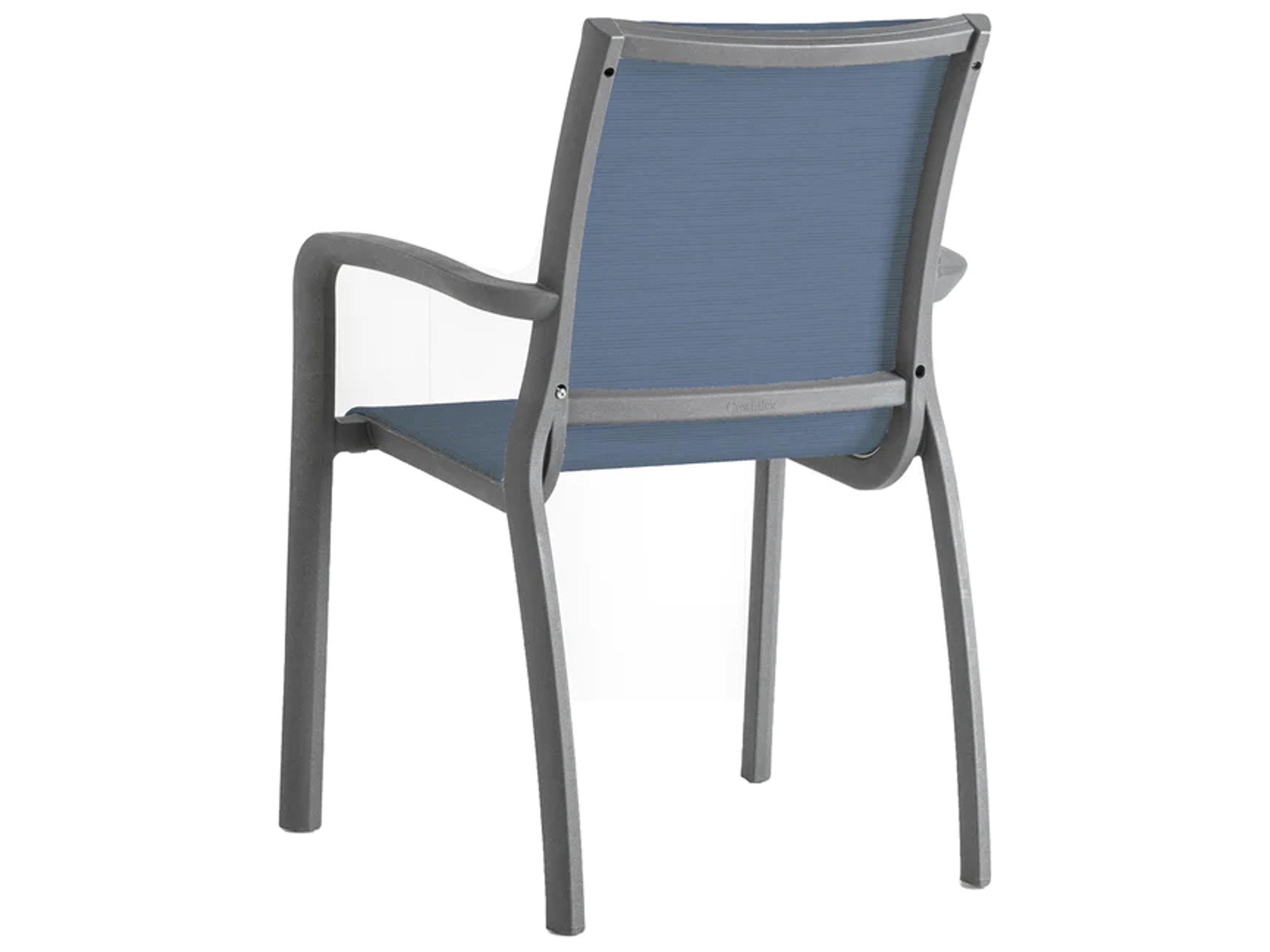 Grosfillex Sunset Sling Aluminum Volcanic Black Stacking Outdoor Patio Dining Arm Chair in Madras Blue