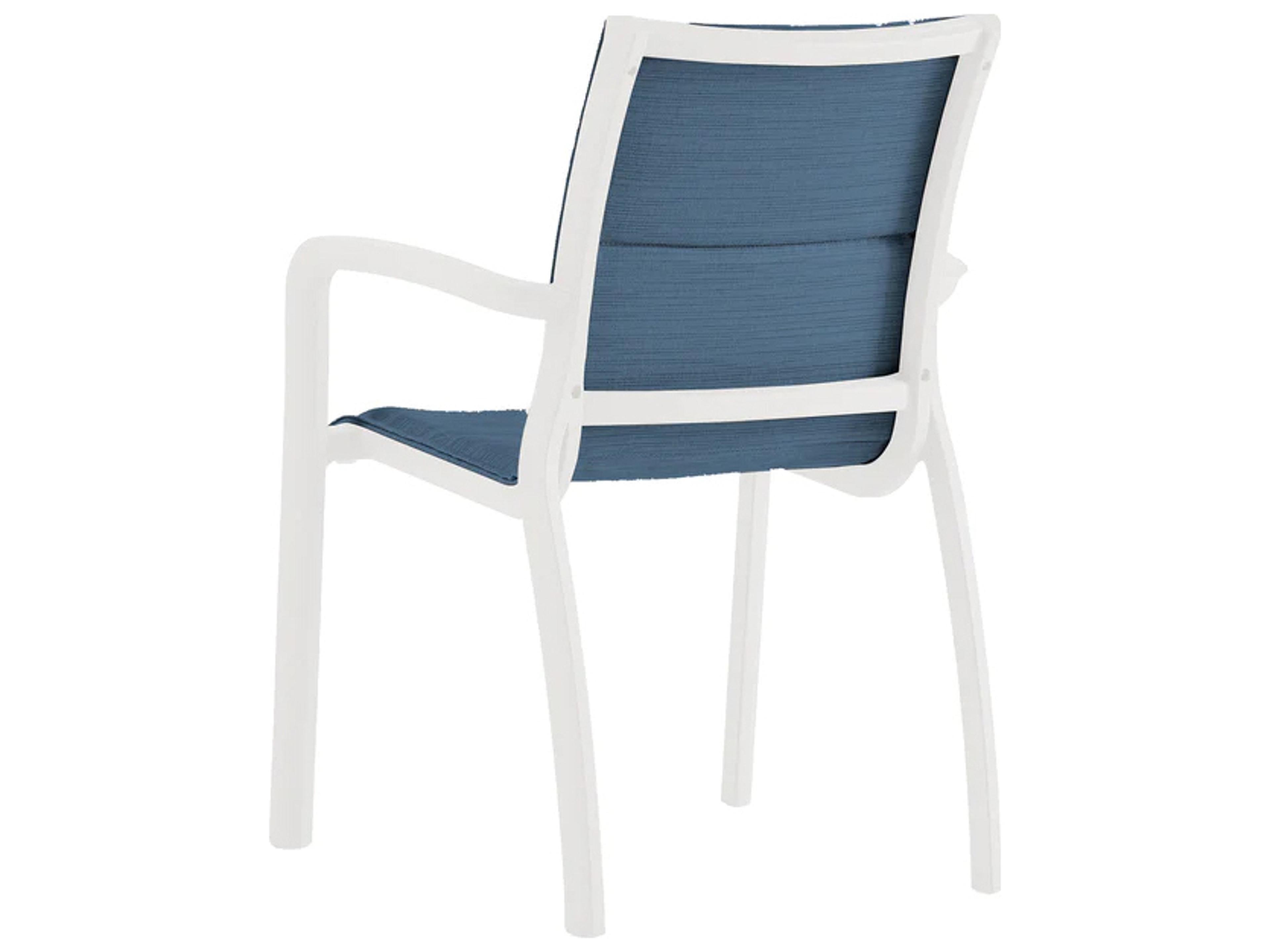 Grosfillex Sunset Sling Aluminum Glacier White Comfort Stacking Outdoor Dining Arm Chair in Madras Blue