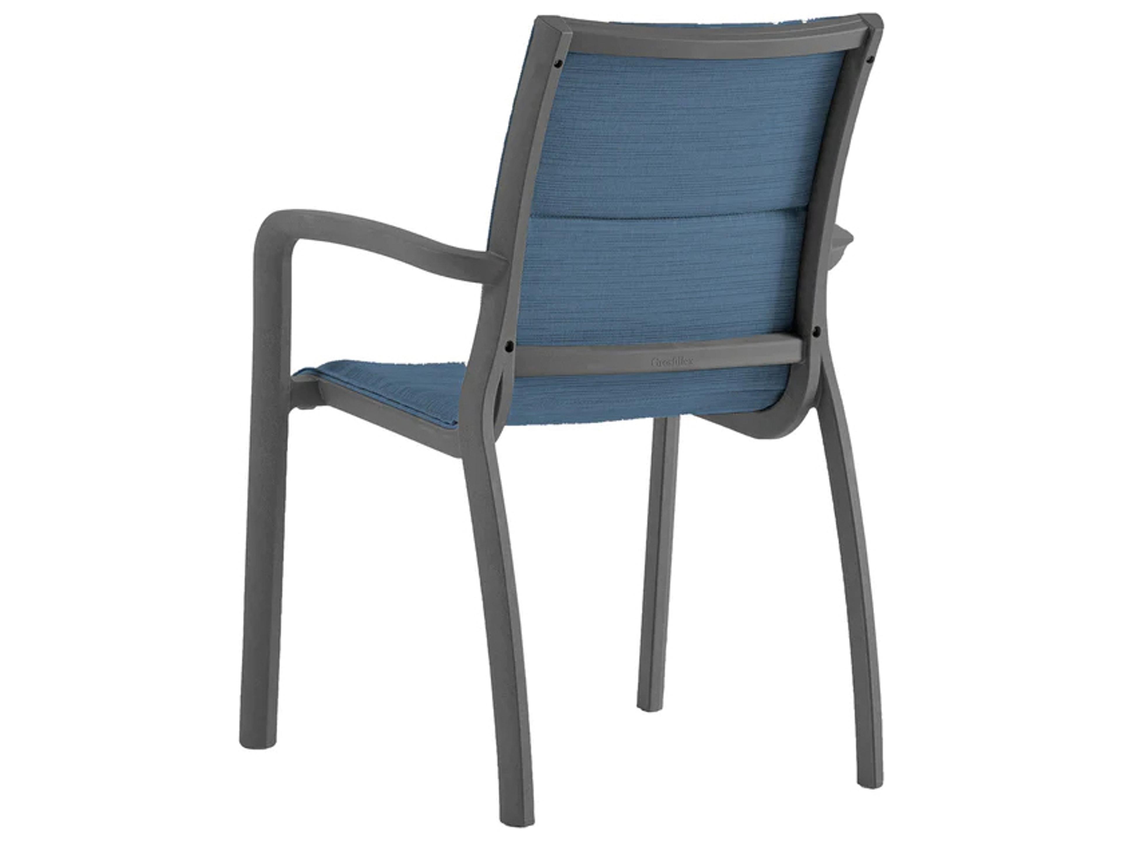 Grosfillex Sunset Sling Aluminum Volcanic Black Comfort Stacking Outdoor Patio Dining Arm Chair in Madras Blue