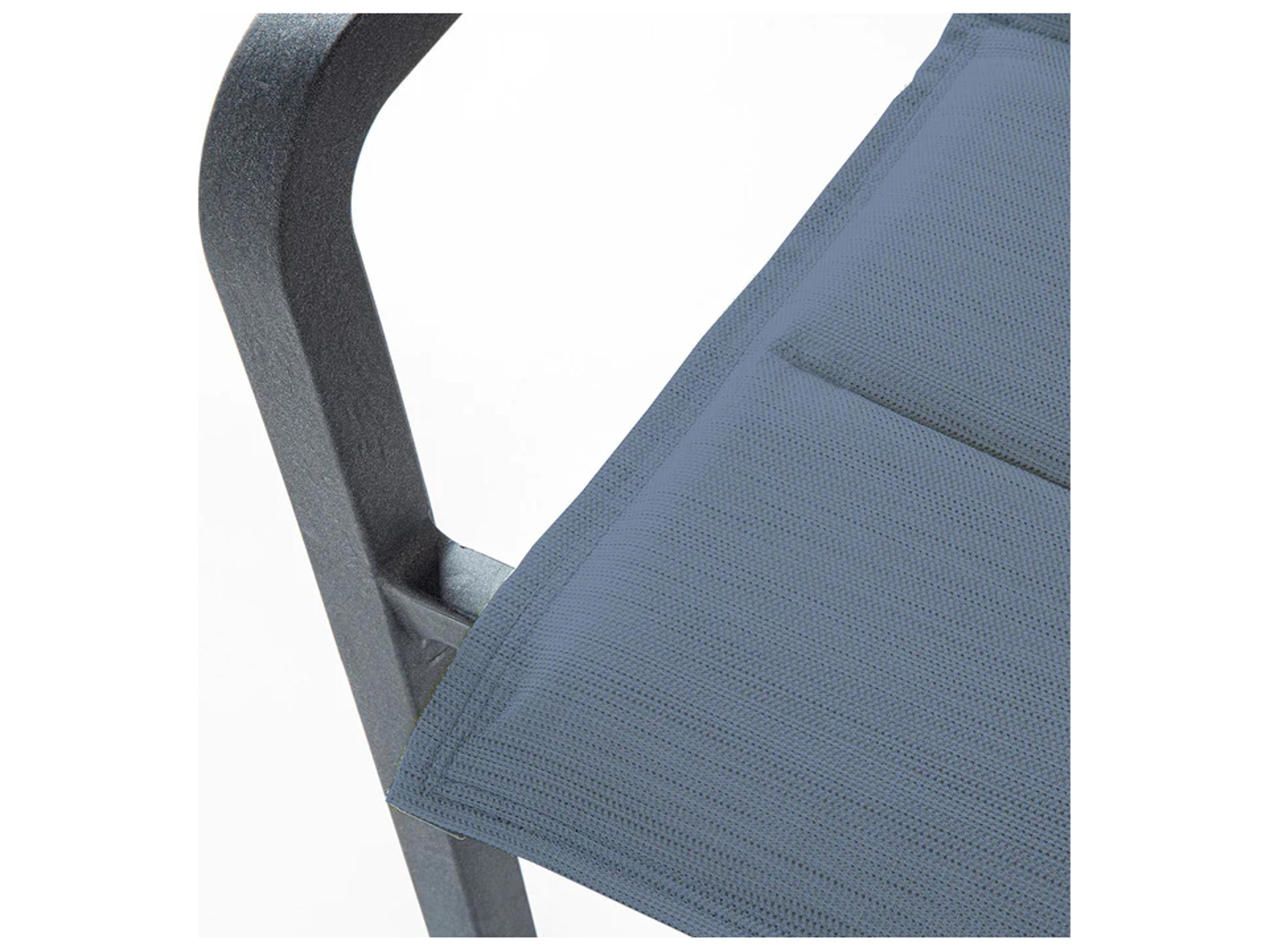 Grosfillex Sunset Sling Aluminum Volcanic Black Comfort Stacking Outdoor Patio Dining Arm Chair in Madras Blue