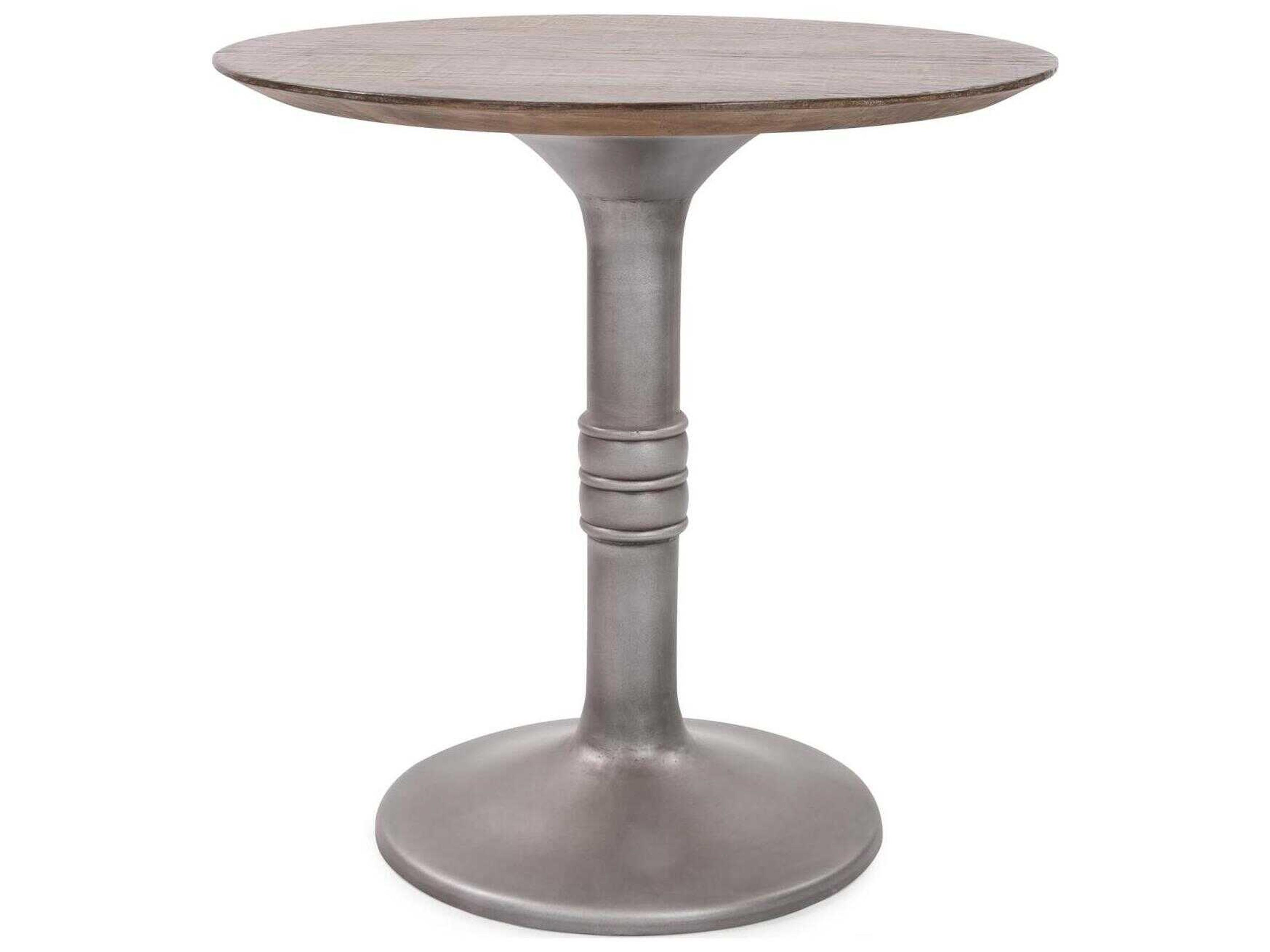 Distressed Farm House Round Wood Brown Silver Dining Table