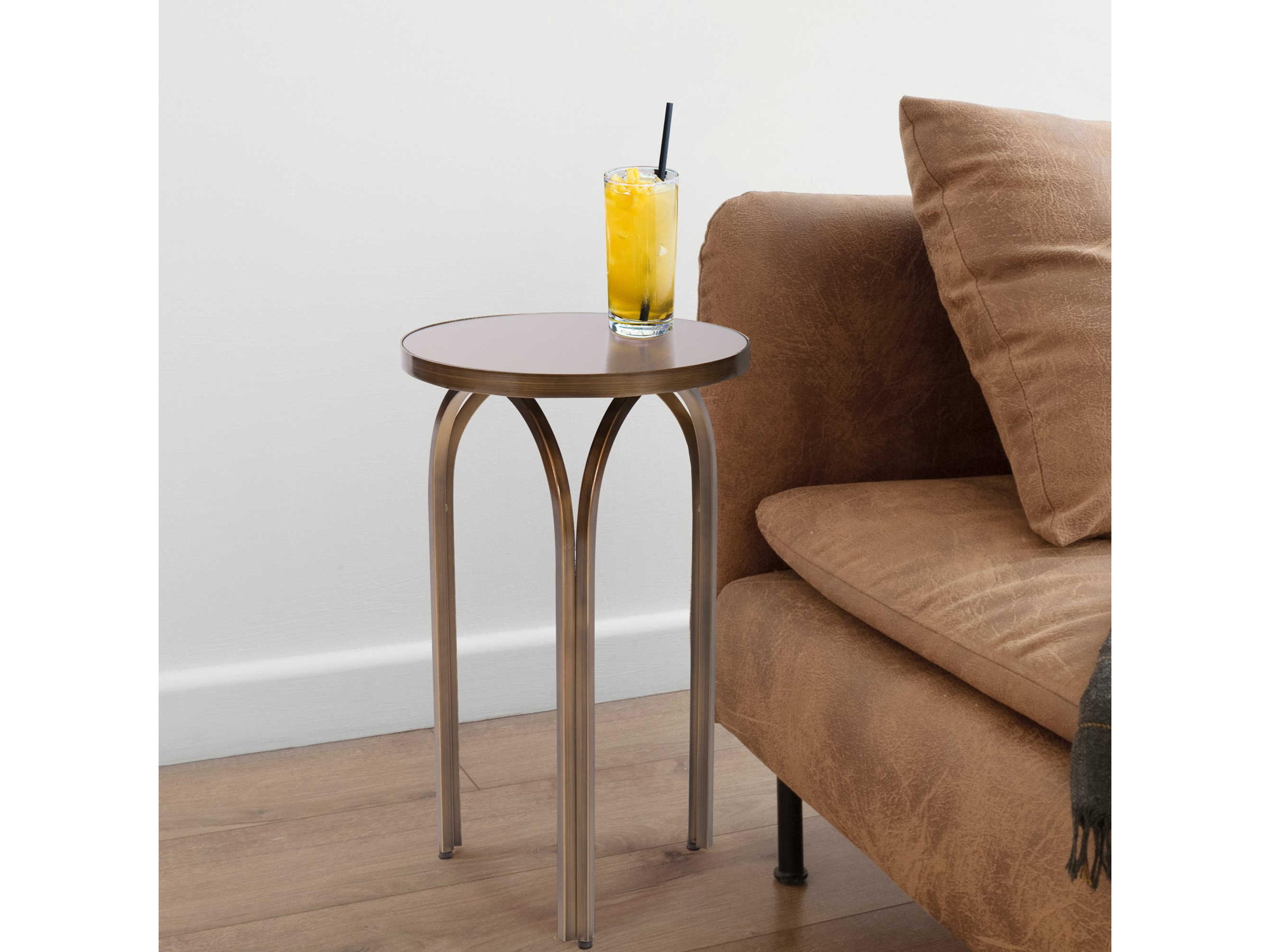 Howard Elliott Palladio Round Glass Brushed Brass Tea Tint Mirror End Table