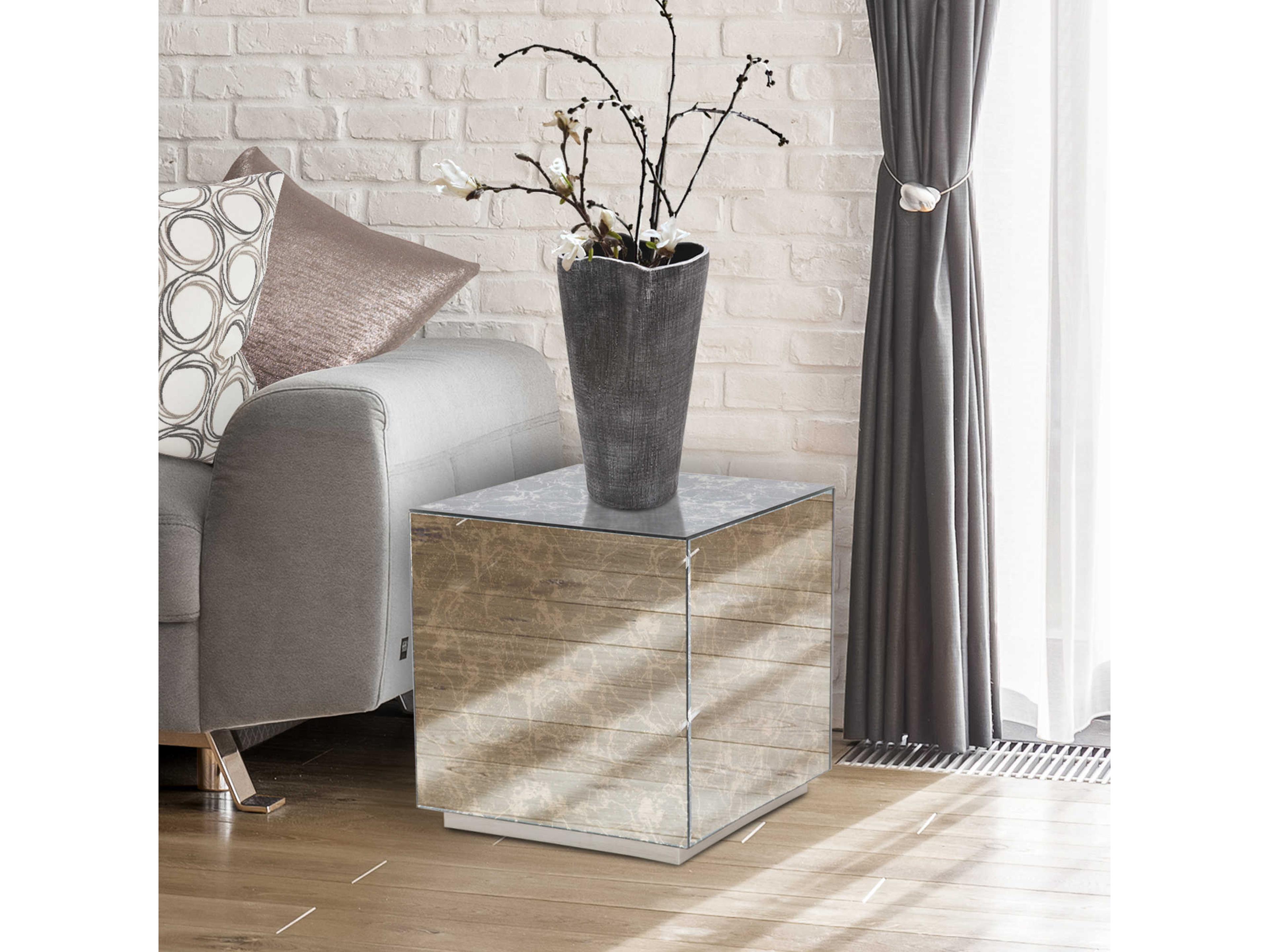 Howard Elliott Square Antiqued Marbled Glass Antique Silver Trim End Table