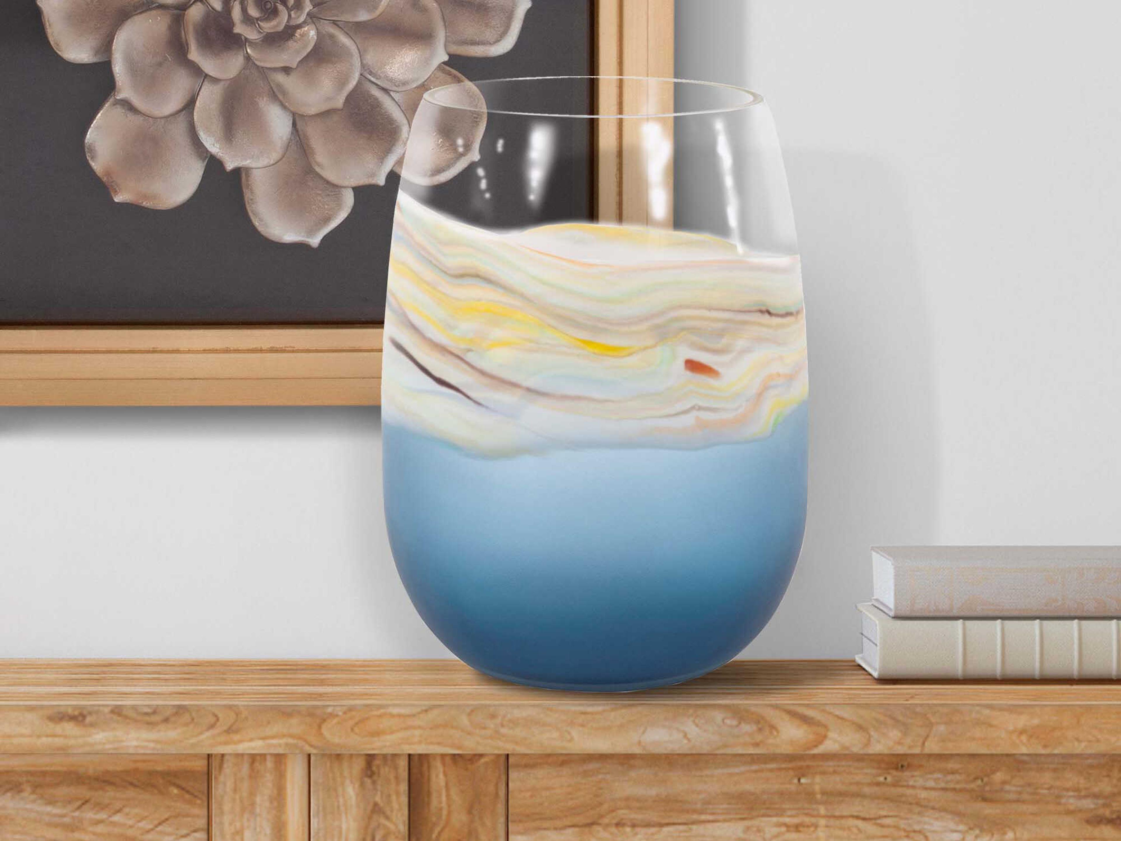 Howard Elliott Cyprus Blue Amber Wide Mouth Hand Blown Glass Vase