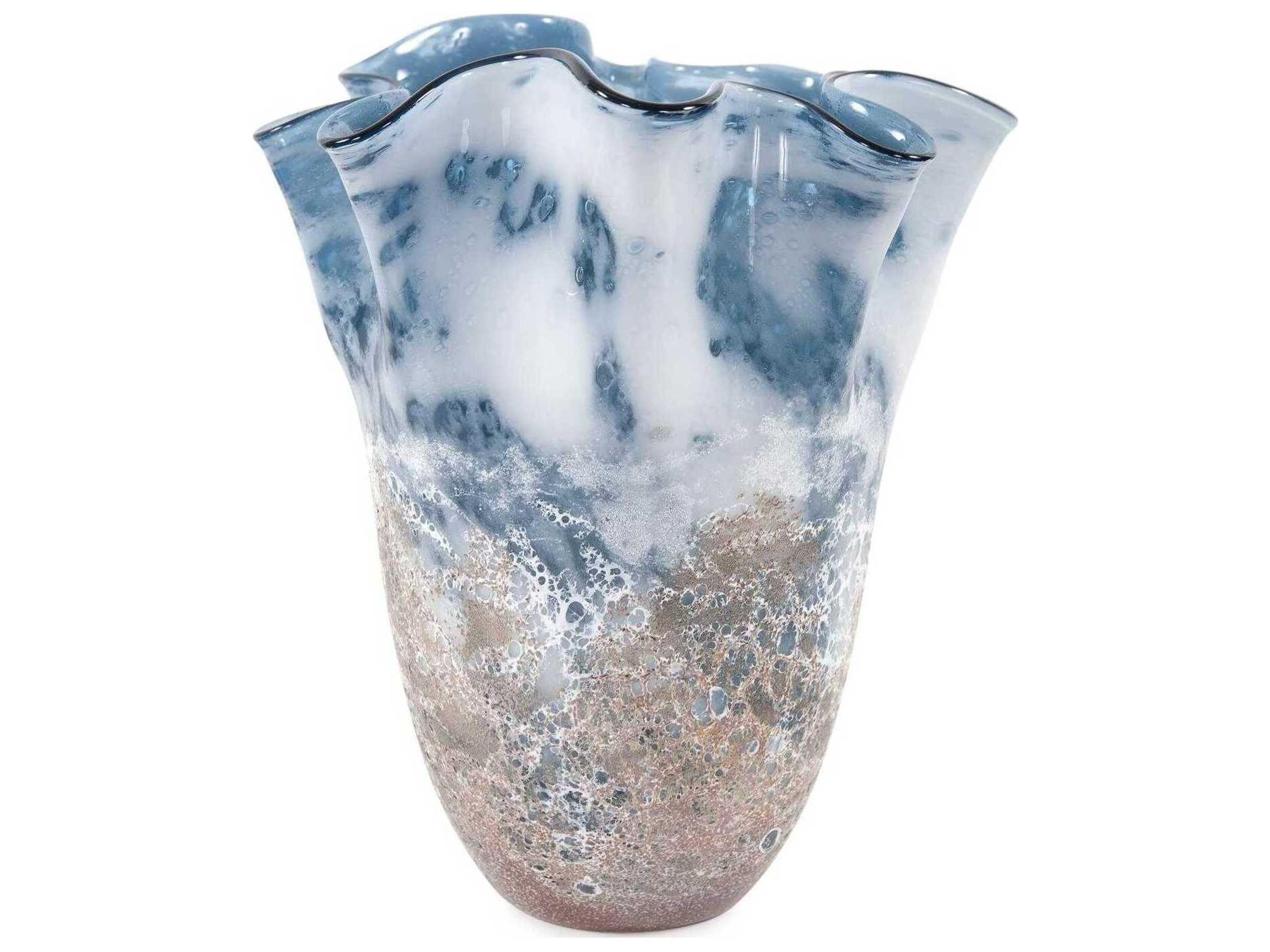 Howard Elliott Baltic Blue White Beige Ruffled Vase